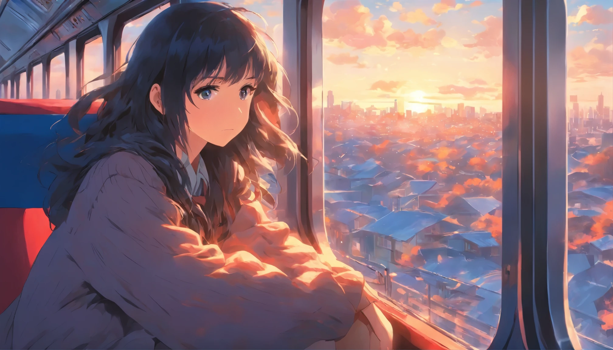 Girl sitting on train、solo、Black long hair、Sad face、Blue sky at daytime、Masterpiece、Delicate illustration with super details、