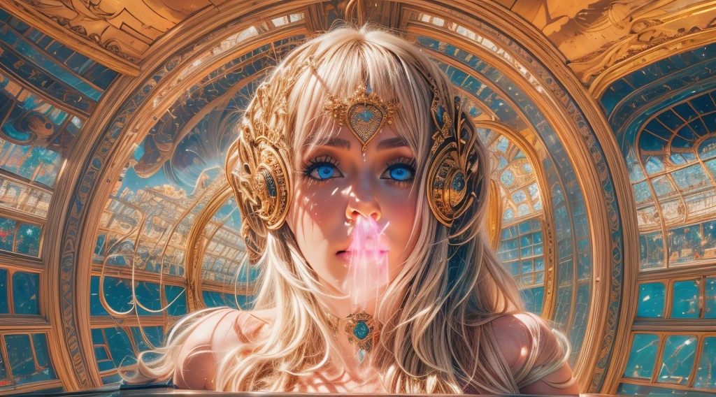 arafed image of a white woman in a futuristic suit with a spaceship in the background, movie art, in front of an orange background, inspired by Robert McGinnis, female protagonist, megastructure in the background, portrait of an ai astronaut, astronauts, an astronaut, portrait of a astronaut skeletor, perfect android girl, detailed eyes, perfectly detailed teeth, the heart of a ship, a spacious chamber where sleek consoles hum with silent purpose. Walls rise in graceful arcs, forged from alloys unknown to Earthly forges, Their surface shimmers with an iridescence akin to abalone shell—shades of midnight blue tinged with soft violets, The ceiling arches high like a cathedral's dome, transparent quartz allowing stargazers unobstructed views into the cosmos, abyss; stars winking back as if recognizing their observer, Amidst this grandeur, chairs designed for both comfort and function sit before control panels. Screens cast their glow on surfaces that reflect light as though they dreamt once to be mirrors—etchings carved into them revealing intricate patterns reminiscent of celestial motifs, Soft luminescence emanates from fixtures cleverly hidden so only their radiance is evident—a gentle illumination that suggests dawn perpetually on the cusp of breaking, frank franzzeta and sakimichan,