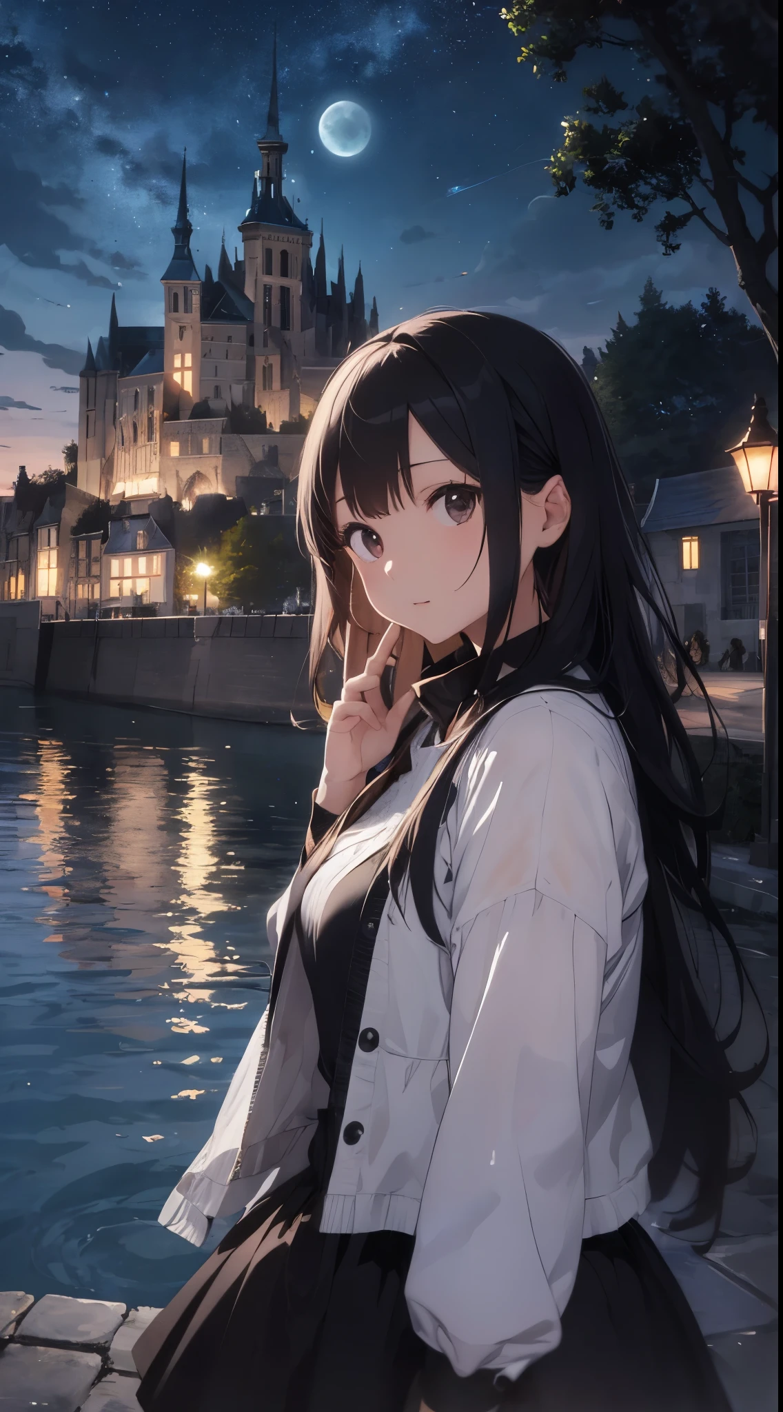 Create a masterpiece image set in Mont Saint-Michel and its bay at night。The scene is enveloped in the soft glow of moonlight、Cast long shadows、Illuminate the ancient architecture of the monastery。This girl is beautiful and adorable。She was exploring the historic site, wide-eyed in surprise。 She wears traditional costume and、The fabric is painted with maximum realism.、Different textures are emphasized。Her skin is also rendered in great detail、Captures subtle changes in texture and color。 The bay around her is calm and、The surface of the water plays the role of a mirror、It reflects the moonlight and the silhouette of Mont Saint-Michel。Delicately depicting the reflection of the water surface、Captures subtle ripples and play of light。 The girl was looking up at the camera curiously.、Gives the impression that the viewer is looking down on her。This sense of perspective is、It can be achieved using the fisheye effect to distort the image to create a wide panoramic or hemispherical view。 The overall quality of the image must be of the highest standard、Emphasis on enhancing the quality of details。The final artwork is、With the innocence of the girl、Mont Saint-Michel and its timeless beauty at night will be a celebration of the bay。