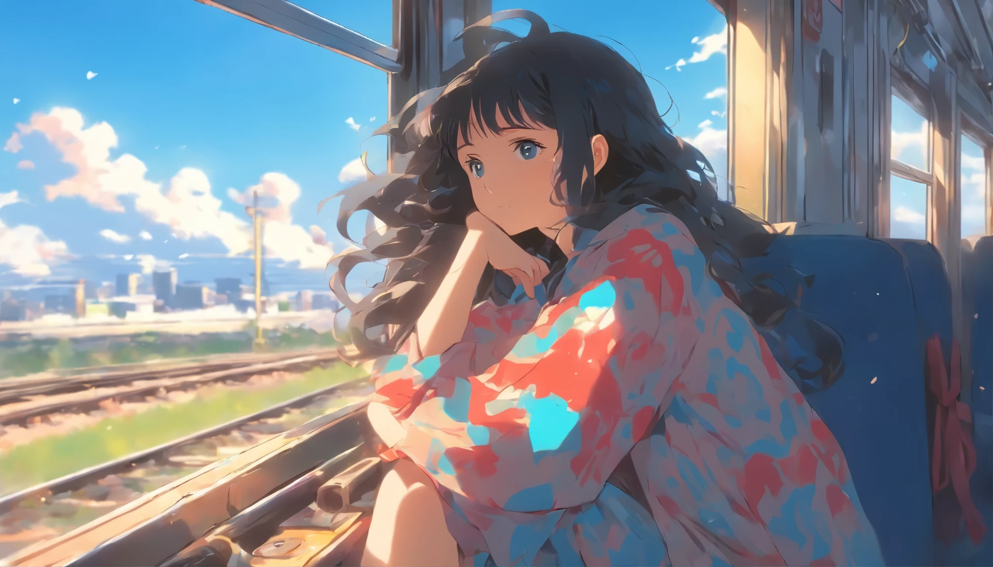 Girl sitting on train、solo、Black long hair、Sad face、Blue sky at daytime、Masterpiece、Delicate illustration with super details、