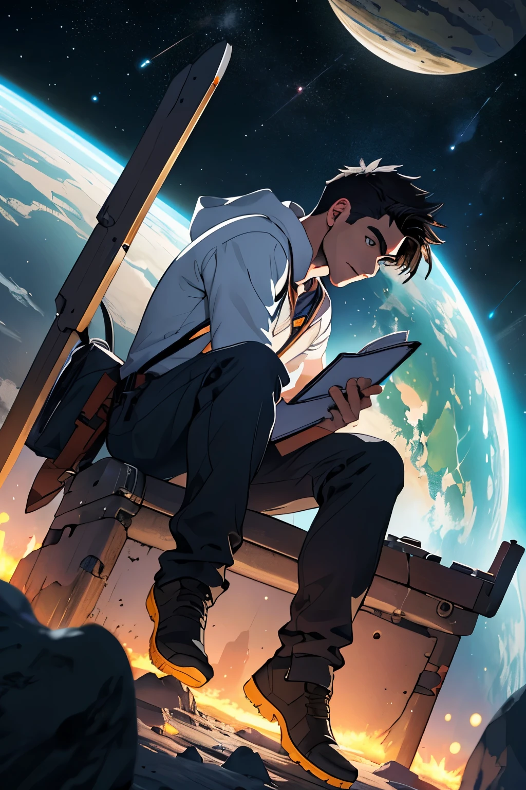 Dibuja un joven programador., sitting on a research platform floating in the middle of an asteroid belt. He is studying with a notebook., rodeado por varios asteroides que brillan con auras de fuego. Spectacular illumination of distant stars and planets illuminates the scene., proyectando sombras profundas sobre el traje. El joven parece confiado y decidido., mirando el vasto y misterioso universo con asombro y respeto,vello facial, tiro de vaquero,