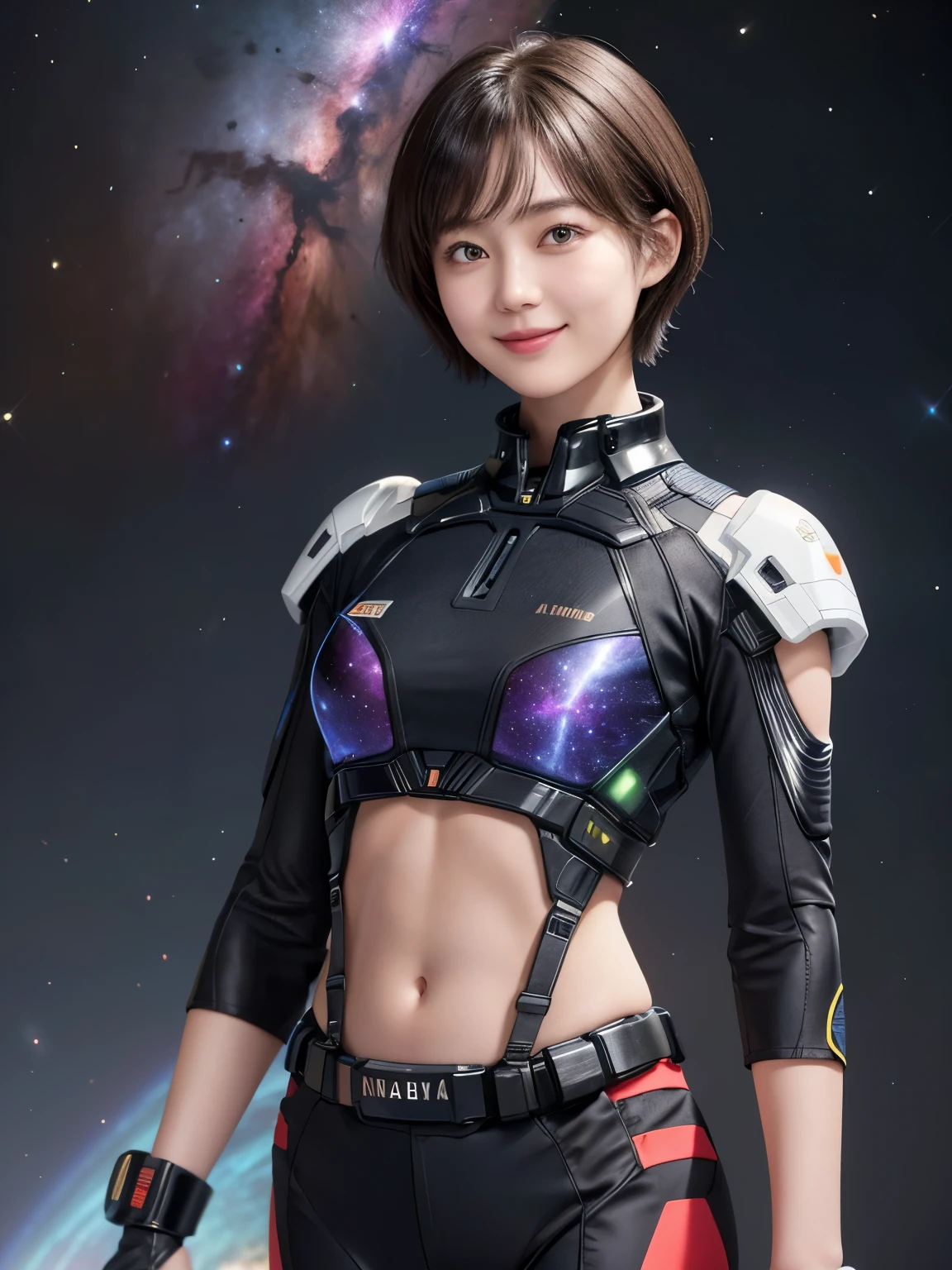 214 Short Hair, 20-year-old woman, A kind smile, Floral, Futuristic clothing, machinery suit, ((Clothes that show abs、Clothes with short sleeves)), (The background is a galaxy and nebula)