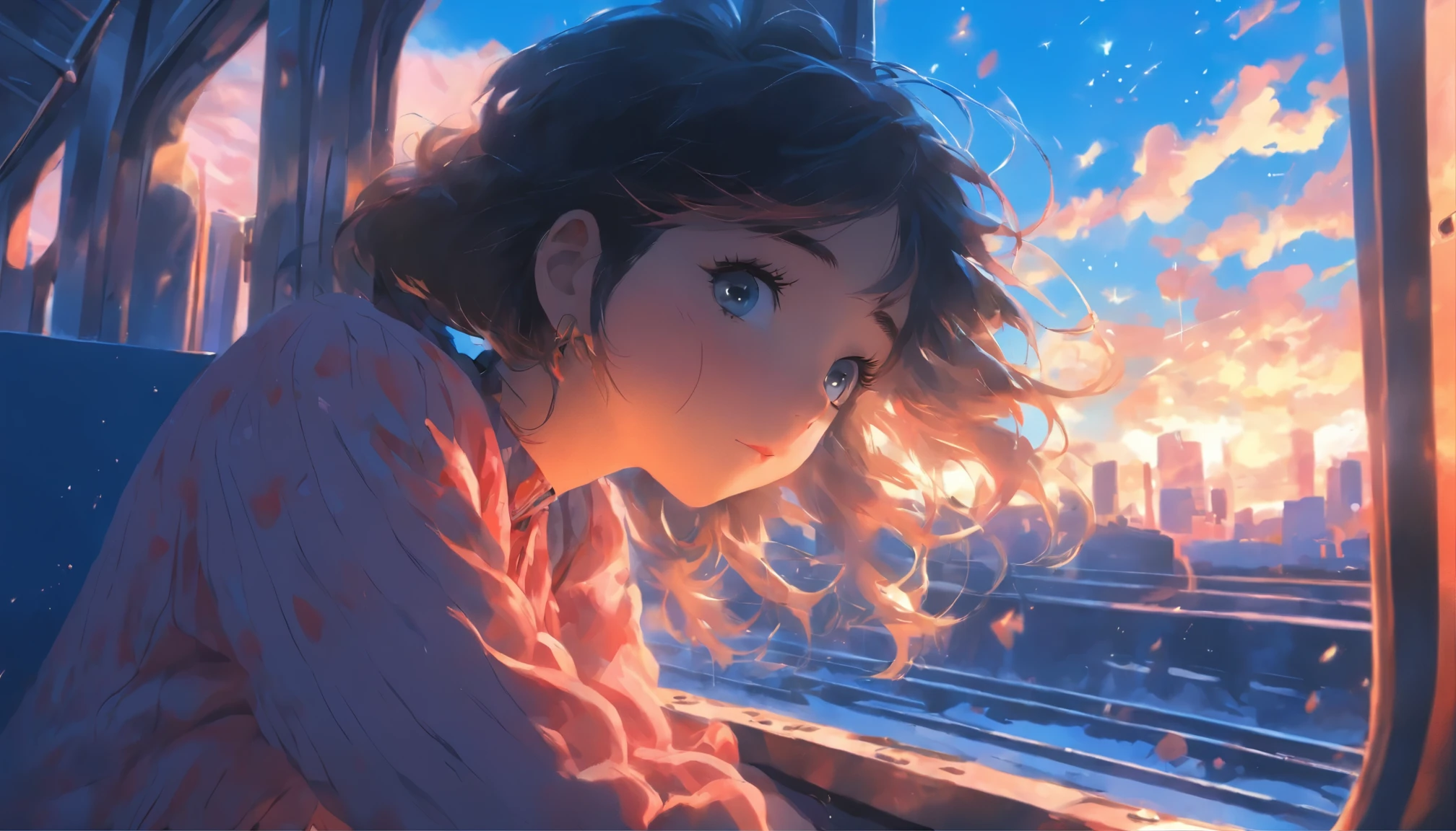 Girl sitting on train、solo、black hair、Sad face、Blue sky at daytime、Masterpiece、Delicate illustration with super details、