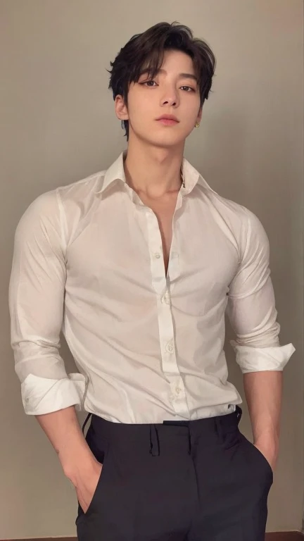 Jeon jungkook in a Camisa blanca and black pants posing for a picture, wearing Camisa blanca, clothed in Camisa blanca, vistiendo camisa, usando una camisa ligera, wearing a Camisa blanca, vistiendo una camisa blanca con botones, fine Camisa blanca, Camisa blanca, plano medio de un guapo, male model, camisa blanca arrugada, hombre guapo, jungkook Jeon, jk, bts, Jeon jungkook