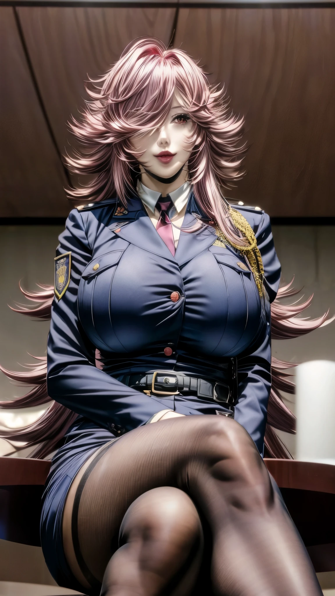 Yayoi_Kusakabe, 1girl, solo, smile, red eyes, sitting, sky, cloud, indoors, hair over one eye, makeup, table, crossed legs, lipstick, thick thighs, large breasts, curvy hips