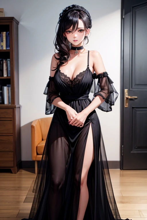 chica sensual con vestido negro largo