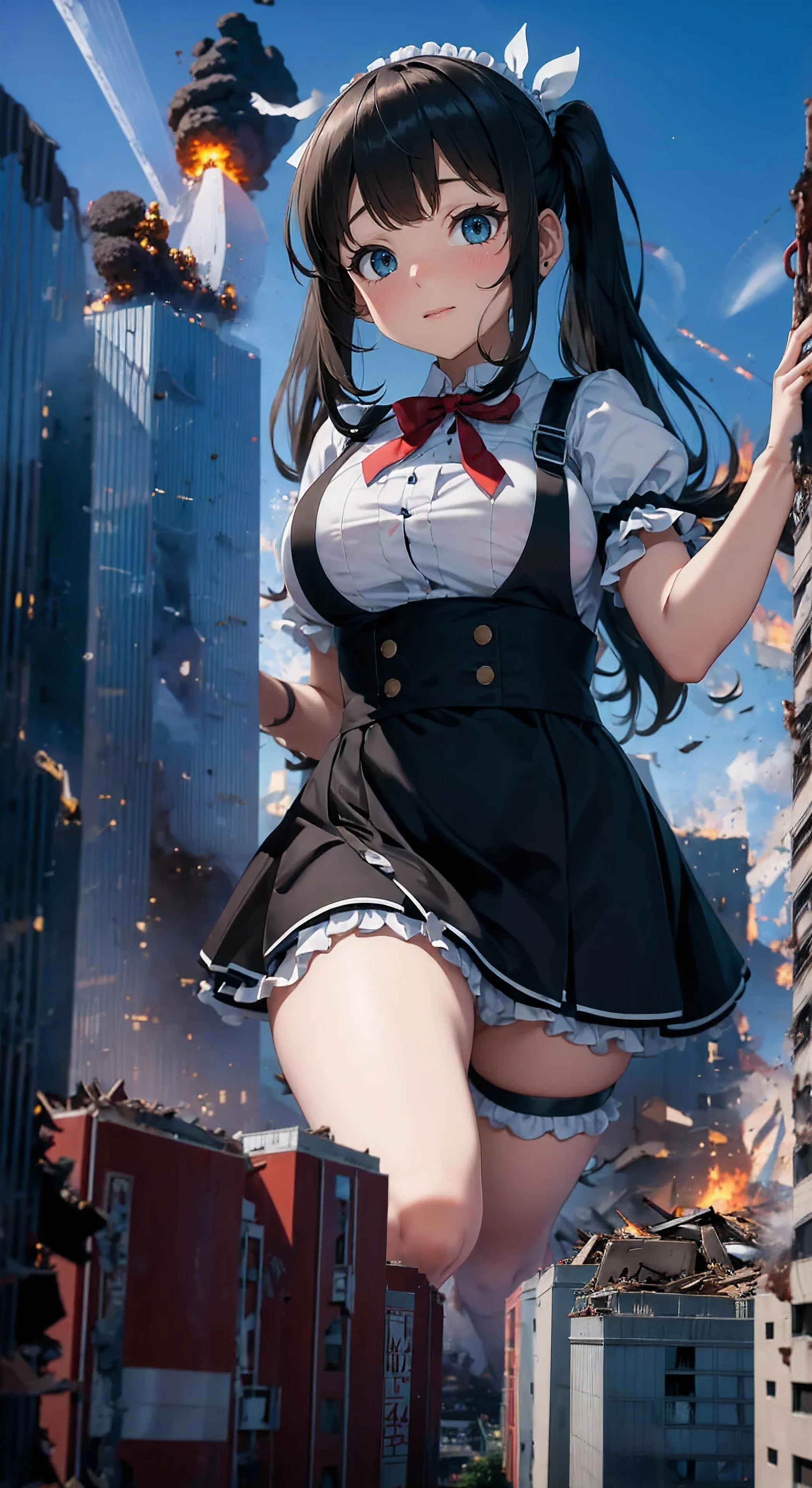Urban hustle and bustle、White frilly ribbon maid outfit、A girl bigger than a building、Background Blur、Gulliver&#39;s Travels、City of Rubble、Big Tits、Big Tits、Big Tits、Big 、Big 、Plump thighs、Plump thighs、Building fire、Giant girl sitting on the roof of a skyscraper、cigarette、Building fire、((((Building explosion))))、Reaching out、End of the Century Ruins、Twin tails、8ｋ