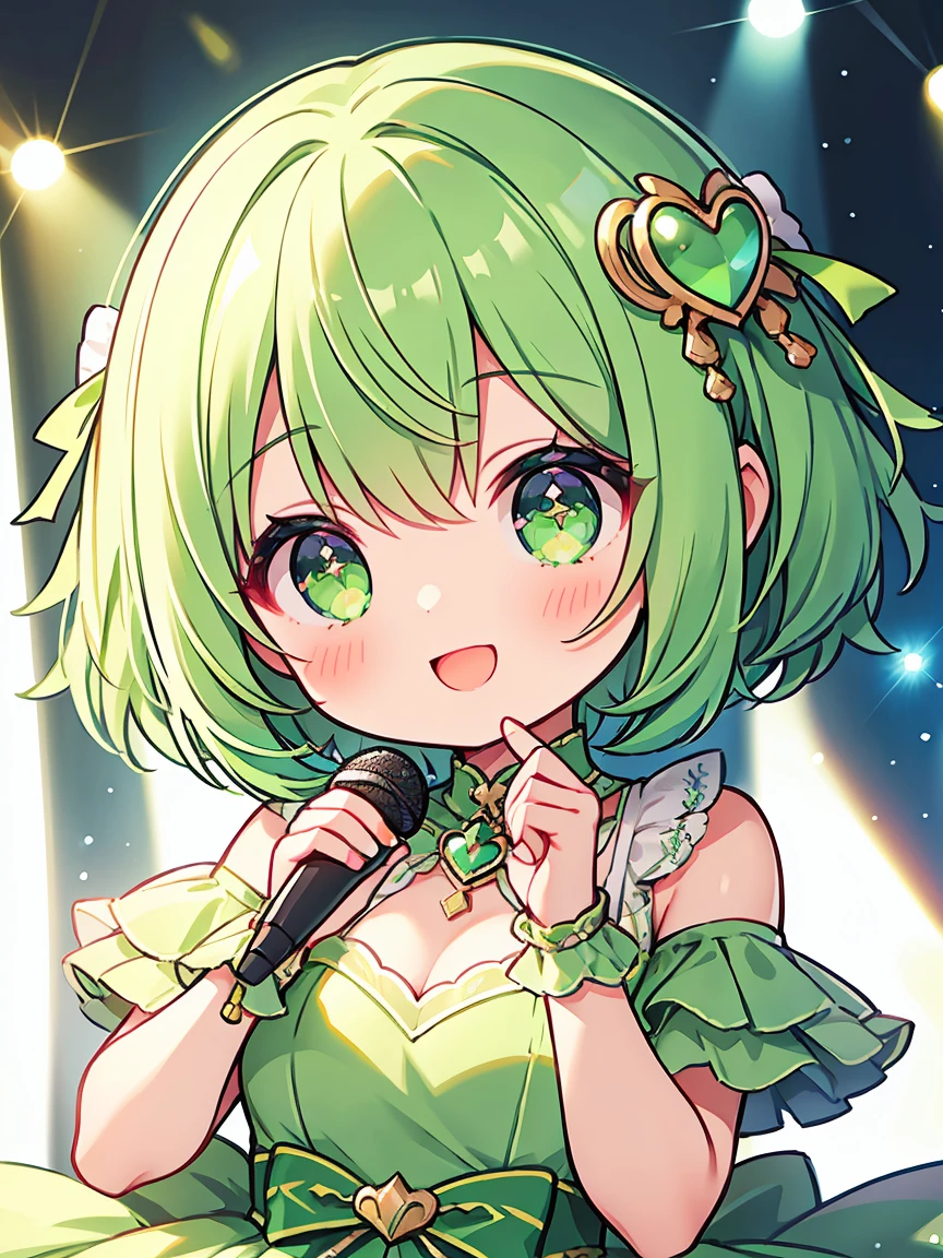 masterpiece, highest quality, One Girl, short hair, , Bright green hair、Eyes are emerald green、Idol Type、Hold the microphone with both hands、A pretty lime green dress、Heart shaped glowing eyes、A smile that will captivate you、Spotlight Light、Sparkling Stage.