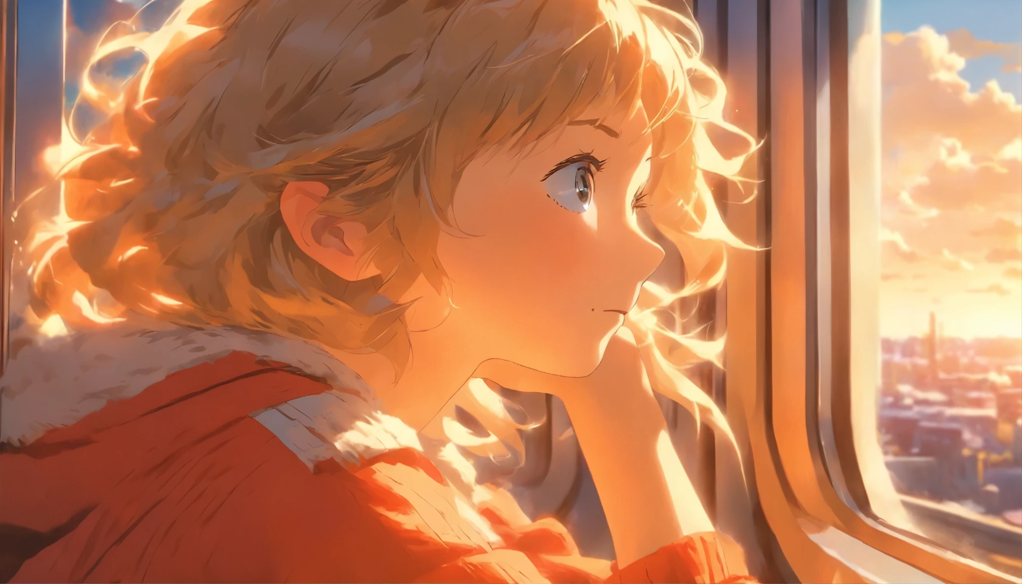 Girl looking out the window from the train、solo、Beige Hair、Eyes closed、Blue sky at daytime、Masterpiece、Delicate illustration with super details、