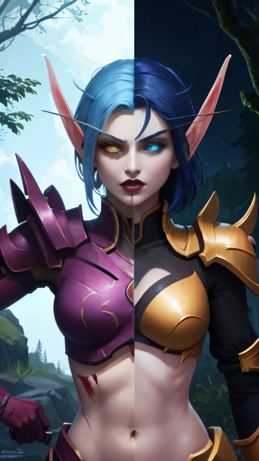 (Masterpiece, highly detailed, highly quality,  highly resolutions), line between the middle, ({{BREAK Void elf, SplitScreen, split screen, angry, clenched teeth, scars on face, glowing eyes, blue eyes, blue Hair, light blue skin, colored skin, mature female, purple midriff, gold outline, navel, purple shoulder pad, purple lips, looking at viewer, dark forest, night, bare shoulders, Sleeveless, shadow theme}}), vs, (BREAK bldelf, SplitScreen, splitscreen, angry, clenched teeth, blood strains on faces, glowing eyes, yellow eyes, Blonde hair, colored sclera, mature female, red short shirt, gold outline, navel, red shoulder pad, red lips, looking at viewer, forest, Yellow sword, day, Sleeves, light theme))