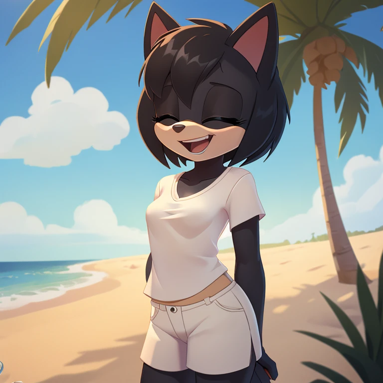 mobian cat, black fur, short hair, black hair, beach, female, 1girl, portrait, laughing, closed eyes, palm tree, grass, sand, standing, small breasts, silk shirt, white shirt, white shorts, arm behind back, Masterpiece, high quality, studio quality, intricate details, 4k, solo