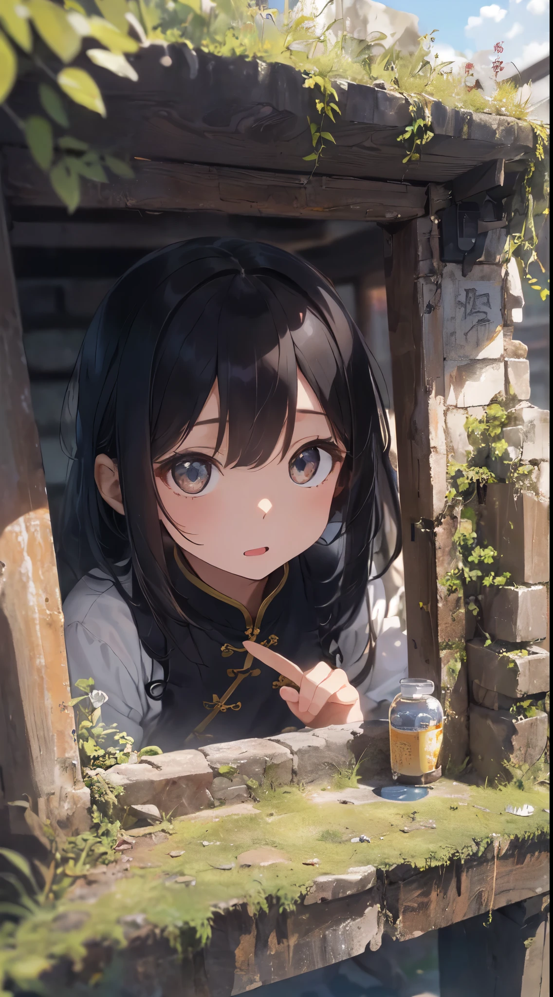 (picture quality: 2.0)、(realisitic: 1.5)、(picture quality: 1.6)、(intricate detailes: 1.3)、(masuter piece: 1.7)、(Official Art: 1.2)、(Detail Masterpiece: 1.2)、(realistic detail: 1.5）、（perfect anatomia：1.2）、（shape retention of fingers：1.5）、（enticing eyes：1.52）、（Detail Enhancement：1.3）、（fingertip/Nail shape retention：1.5）、（shape retention of fingers） ：1.1）、（Hand shape retention：1.2）、Focus on the person。Explore traditional Chinese ruins、Create beautiful masterpiece images, Dainty and pure girl。She wears a traditional cheongsam、、Express the difference in fabric texture as realistically as possible、The skin is also beautifully expressed。」Capture subtle changes in texture and color in detail。

The ruins around her are、cranny々It is meticulously painted、Drawn with high depth and precision。Intricately carved ancient structureossy stone、All weathered statues、Contributes to the history and sense of mystery of this place。

The girl looked up at the camera curiously..、Gives the impression that viewers look down on her。This sense of perspective is、Distort images using fisheye effect、Allows you to create a wide panoramic or hemispherical view。

The overall quality of the image must be of the highest standard、Focus on improving the quality of detail。The final artwork is、It should be a celebration of the innocence of the girl and the timeless beauty of the Chinese ruins。