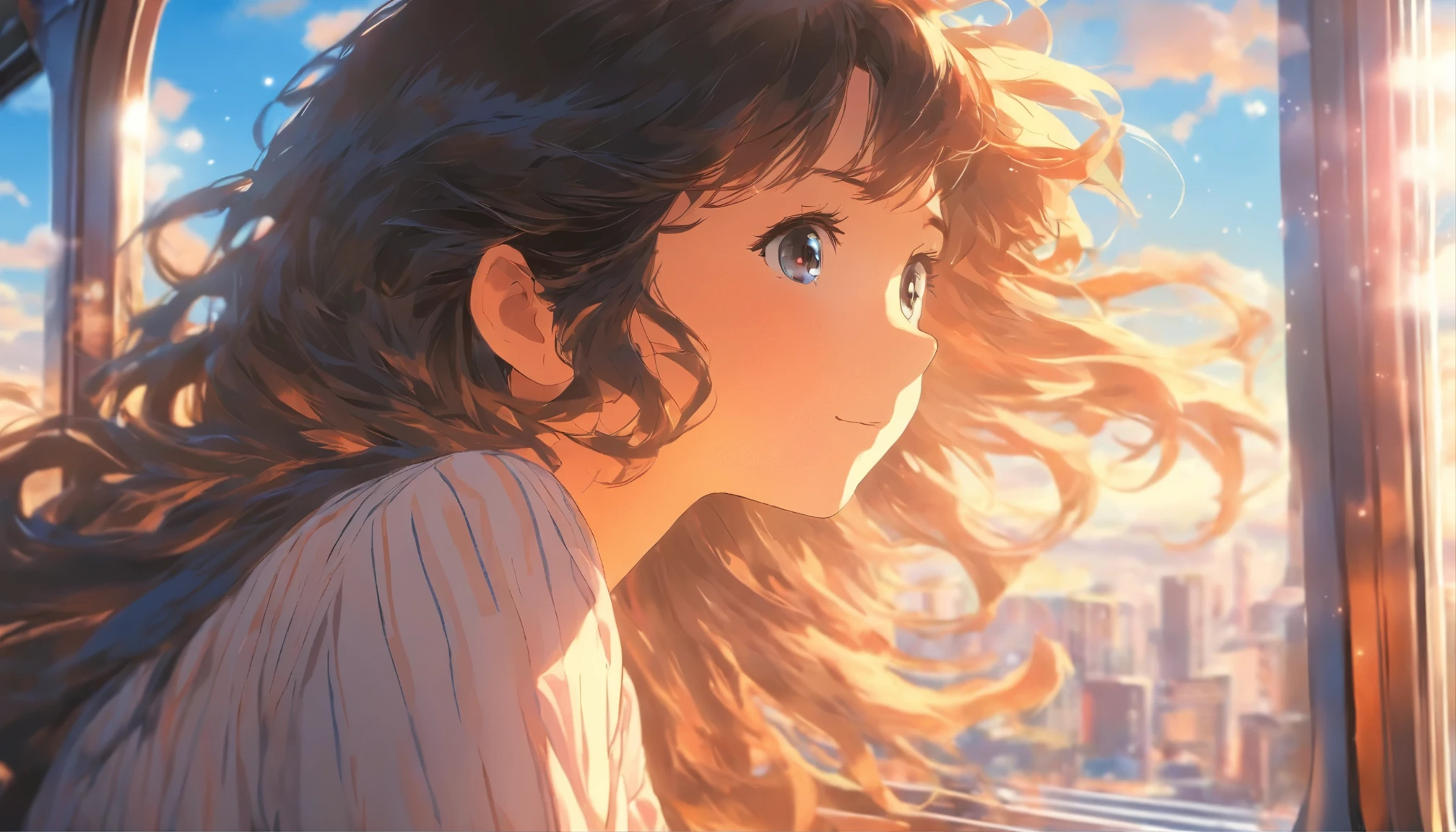 Girl looking out the window from the train、solo、Black long hair、A soft smile、Blue sky at daytime、Masterpiece、Delicate illustration with super details、