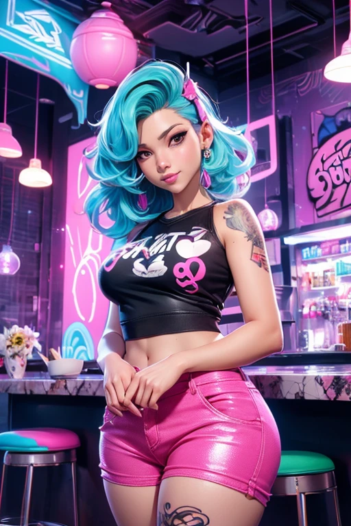 Background, In chic boho style, in a café, Ice cream print, multi-colored neon lights, neon garlands, Pink lavender mint hair, mixed-language_SMS, Japanese graffiti, (beautiful and clear background:1.2),, fantastic paintings ,graffit style, olhos altamente detalhados , Underwear, lace, latex, blonde girl, Cat Print, tattoo, Loving, Love, ultra detailed hair, Masterpiece, Best Quality, hig quality, high-resolution, detail enhancement, ((most beautiful image in the world)), Masterpiece, Best Quality, hig quality, high-resolution, detail enhancement, ((most beautiful image ), Shiny pink degrade hair, ultra short fitted Stampa Flores, Rollers, tights in a mesh, Short denim shorts, art by stjepan sejic, art by j scott campbell, art by guillem march, art by citemer liu, 4k, high-resolution, comic book character, comic, high quality detailed, style of ::2.0 comix illustration style,tatoon style, hig quality, high-resolution, detail enhancement, 8K, HD, Best Quality, hig quality, high-resolution, detail enhancement, 8K, HDR, Sharp focus, Ultra Detailed, Perfect lighting, Curvy Body, Lush breasts, Curvy hips