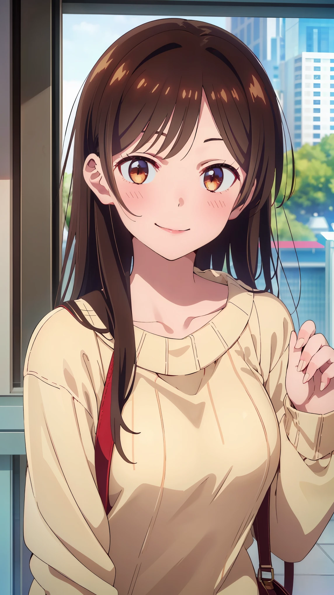 (((pixel-perfect, detail-perfect))), solo, 1girl, chizuru ichinose, sweater, looking at viewer, smile, upper body 