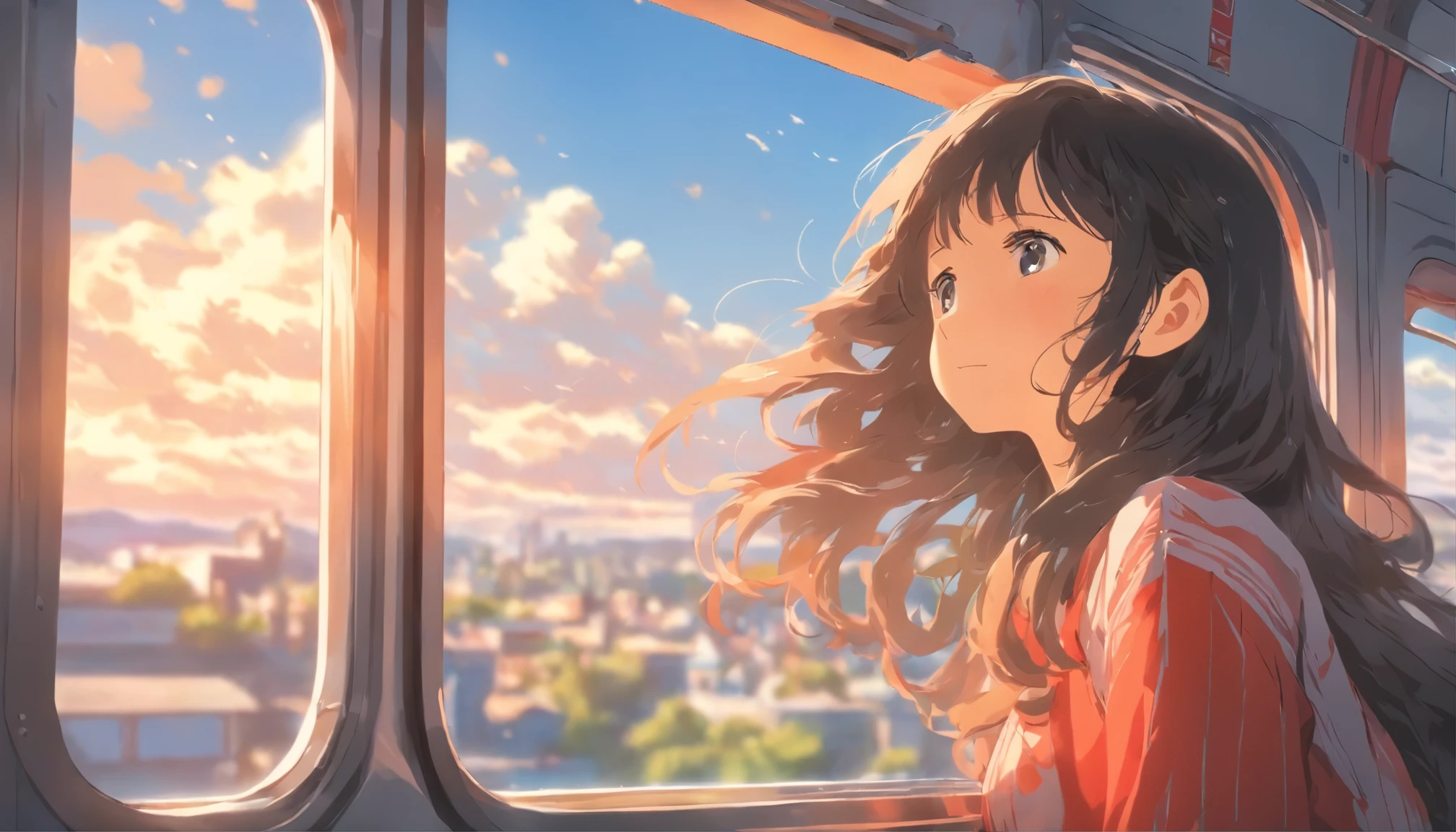 Girl looking out the window from the train、solo、Black long hair、A soft smile、Blue sky at daytime、Masterpiece、Delicate illustration with super details、