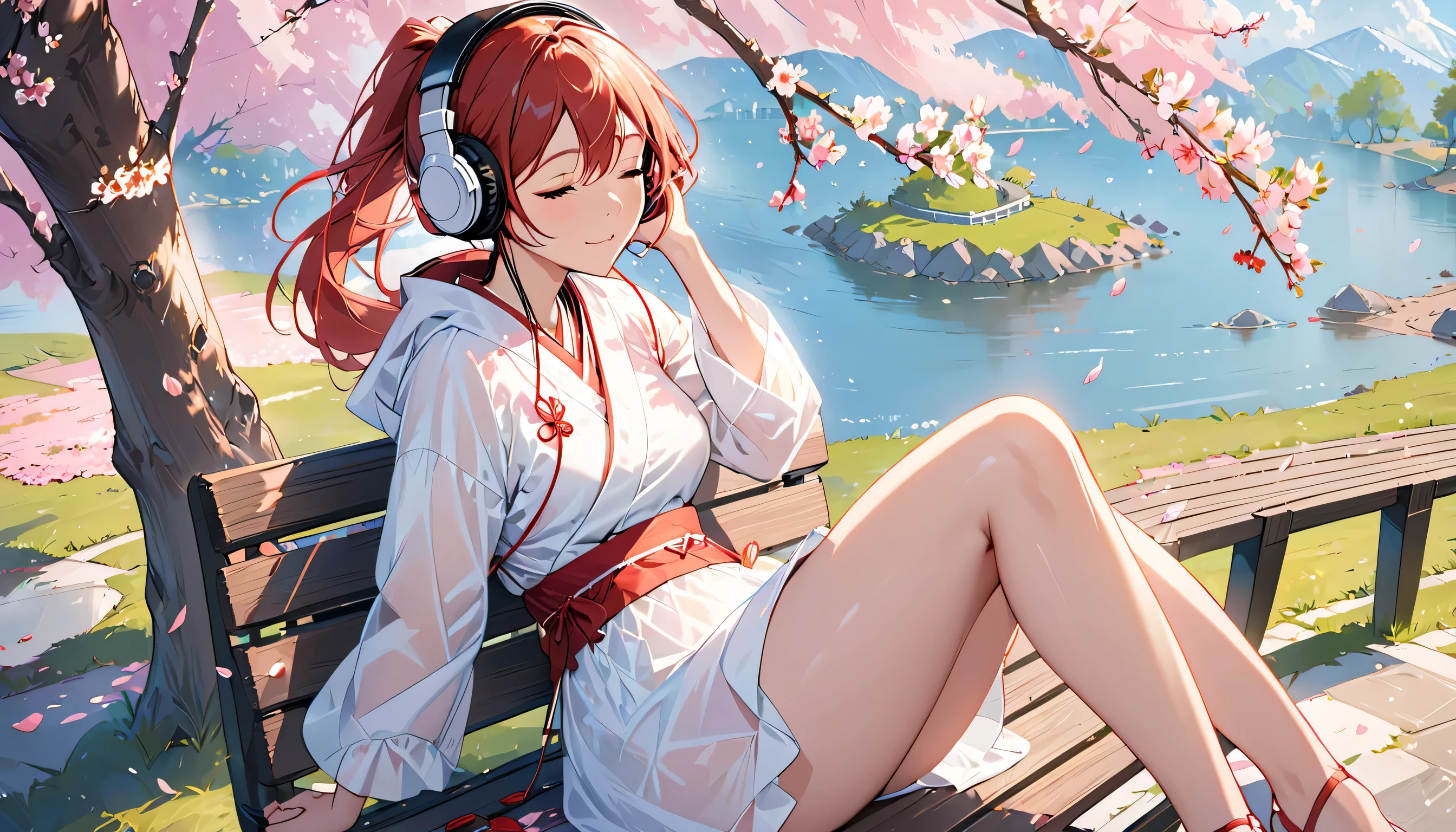 ((best quality)), ((masterpiece)), (detailed), perfect face, sitting under the cherry blossom tree, listening to music, One woman, wearing headphones, eyes closed, wearing underwear, underwear is transparent, sitting on a bench
