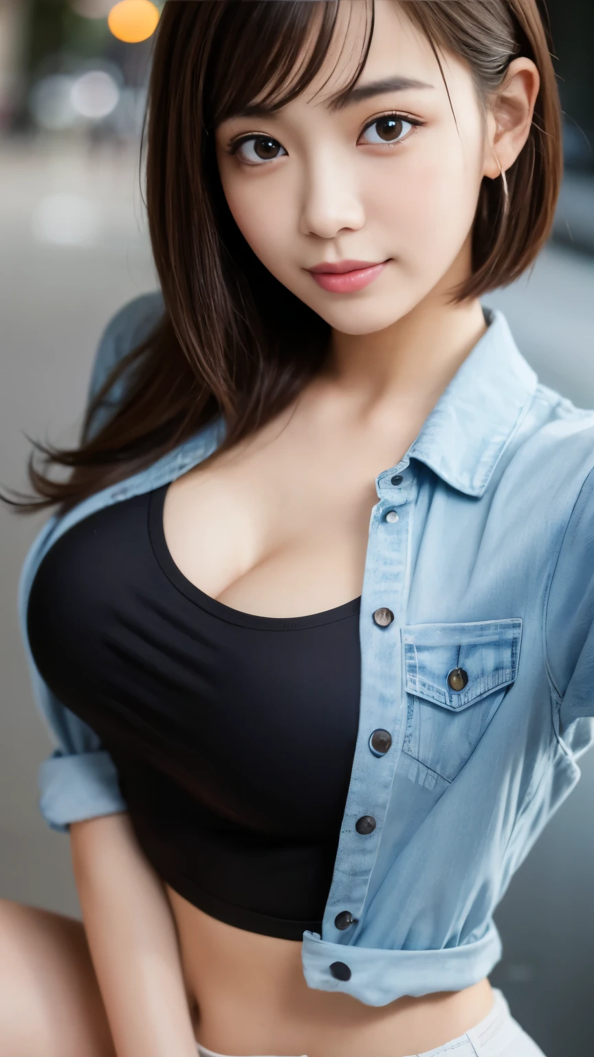 Tabletop, highest quality, figure, Very detailed, In detail, High resolution, 8k wallpaper, Perfect dynamic composition, Beautiful fine details, Short T-shirt、Casual wear,Medium Hair,Huge breasts, Natural color lip, Bold sexy pose,smile,Harajuku、20-year-old female、cute、sexy shot looking at camera,rift,Close-up face,Beautiful facial features