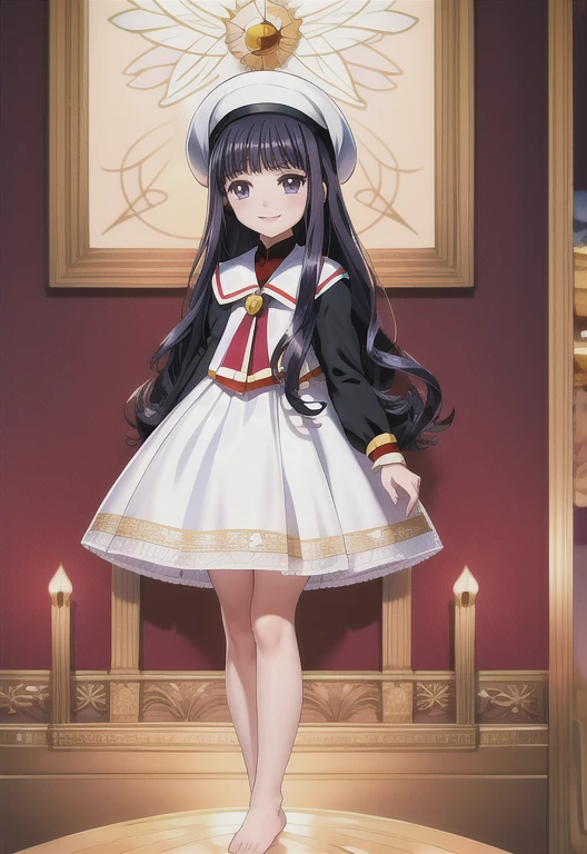 (masterpiece), (highest quality), (Intricate details), (figure), (Absurd), (Enthusiastic),
In detail, (poster figure), 
 tomoyo, Tomoyo, (Clamp:1.4), Tomoyo Daidoji,  
One girl, alone, smile, Long Hair, Have, White Hat, Black Hair, Purple eyes, Blunt bangs,
(skinny fit), (View your viewers), (blush), (whole body), Highly detailed face,
(Detailed Background:1.2),
Beautiful feet, Detailed body, Detailed hand, (Super detailed), sharp, (High resolution), (Attention to detail:1.2), In detailed, Soft lighting, Beautiful sparkle,