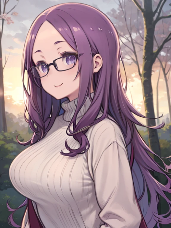 masterpiece, highest quality、Super Detail、Close-up of face、Beautiful eyes、1　Mature Woman、(kagamihara sakura)、Purple Hair、(((Wavy Hair)))、long hair、Glasses、The forehead is visible、Big Breasts、Huge breasts、Turtleneck sweater、Thick jacket、in the forest、Watching the audience、Smiling、