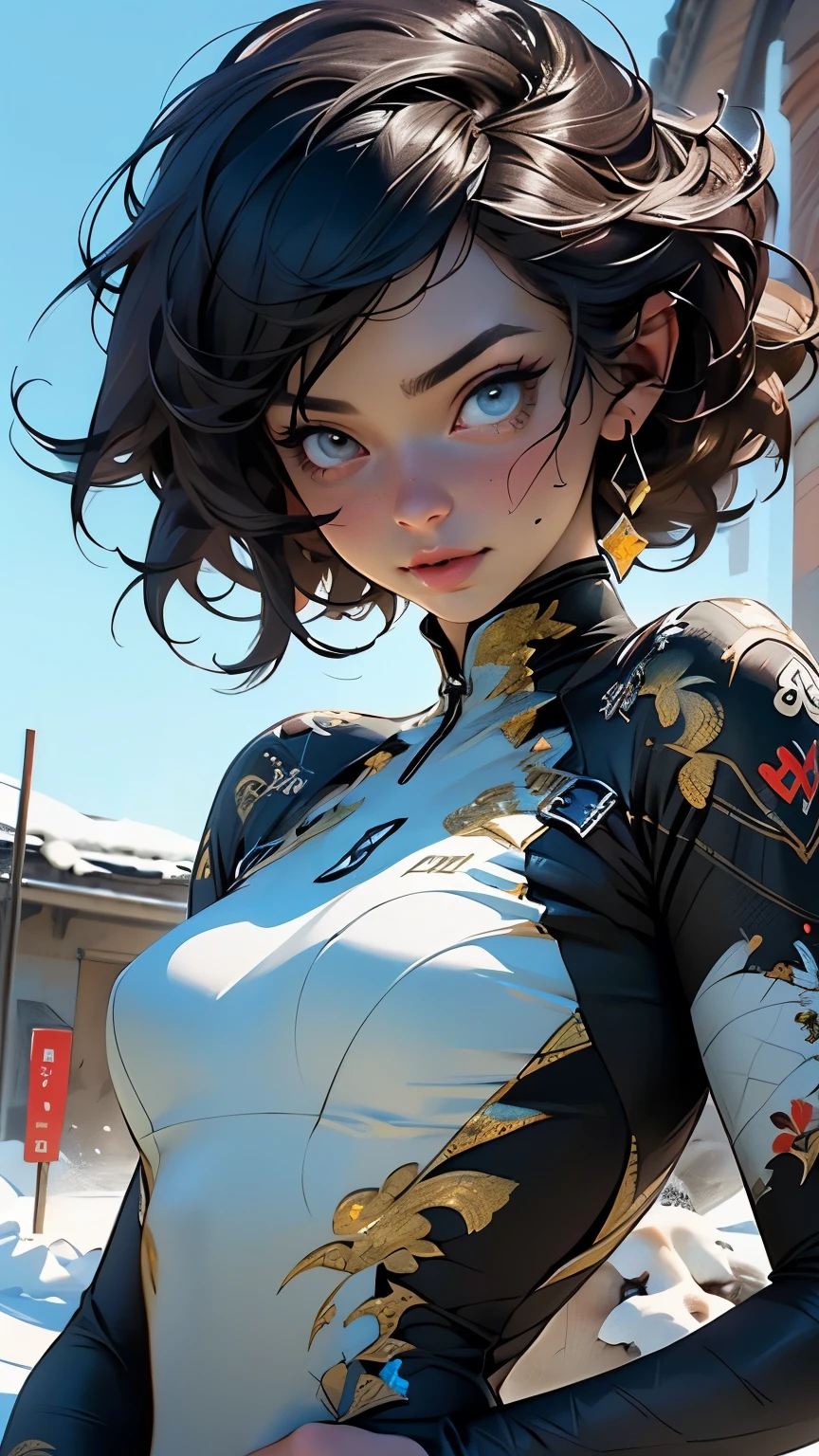 (masterpiece, Highest quality), 32K,(Highly detailed beautiful woman), Poster,sf,1960s,1970s,Bauhaus, shape, Abstract,movie Poster, Vintage,Retro,Future Anime,The ultimate map,highlight,Very detailed glowing eyes,Cleavage,Complex patterns,Stylish hairstyle,Grey and orange outfit,Starry Sky