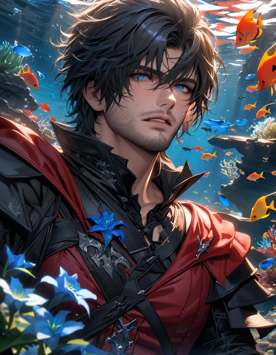 absurdres, highres, ultra detailed, HDR, master piece, best quality, Clive Rosfield, black hair, expressive blue eyes, Final Fantasy XVI, sexy man, solo, handsome, black and red clothes, blue petals, underwater, blue lilies, coral, fish