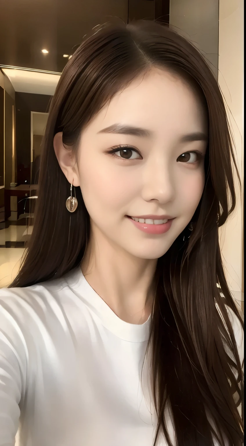 ((highest quality, 8k, masterpiece :1.3)), One girl, Selfie, close, A very affectionate smile:1.2, Slim face, Beautiful woman, (Dark brown hair), Big Breasts:1.3,White T-shirt, Highly detailed face, Fine grain, double eyelid, Blur the background, Slim face, city, hotel lobby,
