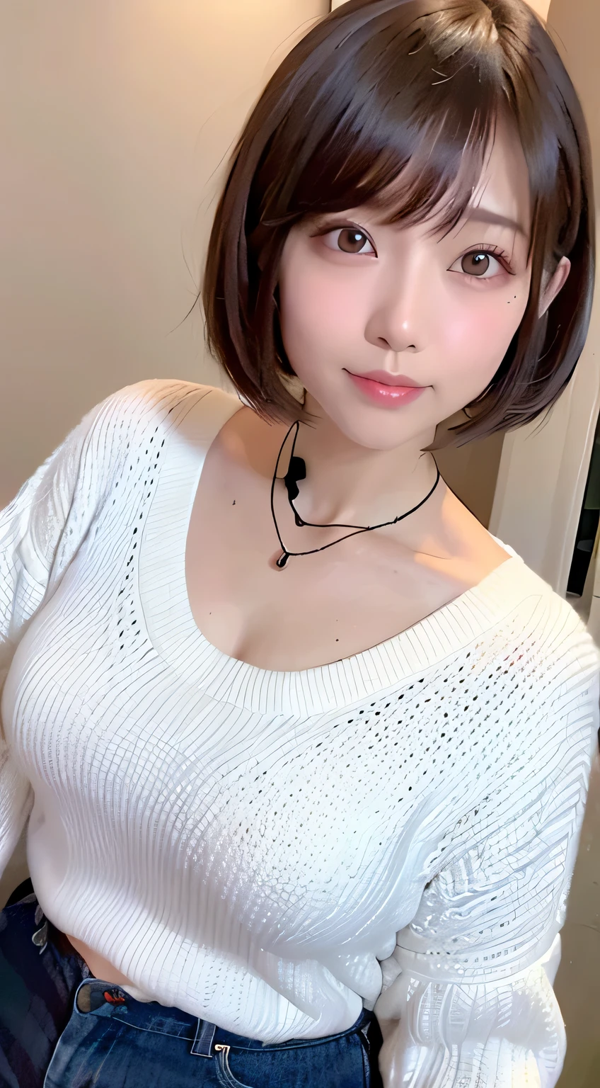 (highest quality、8k、32k、masterpiece、Photorealistic:1.4、Hmph:1.2)、Cute Japanese Women Photos、Big Breasts:1.4、very short bob hair、Upper Body、Surface Focus、Extra large size_sweater、necklace、Simple Background、From above、Looking at the audience、Cleavage:1.5、A balanced body