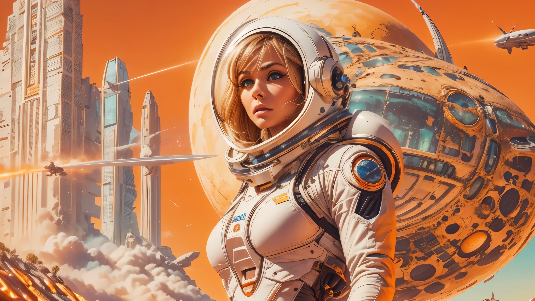 arafed image of a white woman in a futuristic suit with a spaceship in the background, movie art, in front of an orange background, inspired by Robert McGinnis, female protagonist, megastructure in the background, portrait of an ai astronaut, astronauts, an astronaut, portrait of a astronaut skeletor, perfect android girl, detailed eyes, perfectly detailed teeth, frank franzzeta and sakimichan  