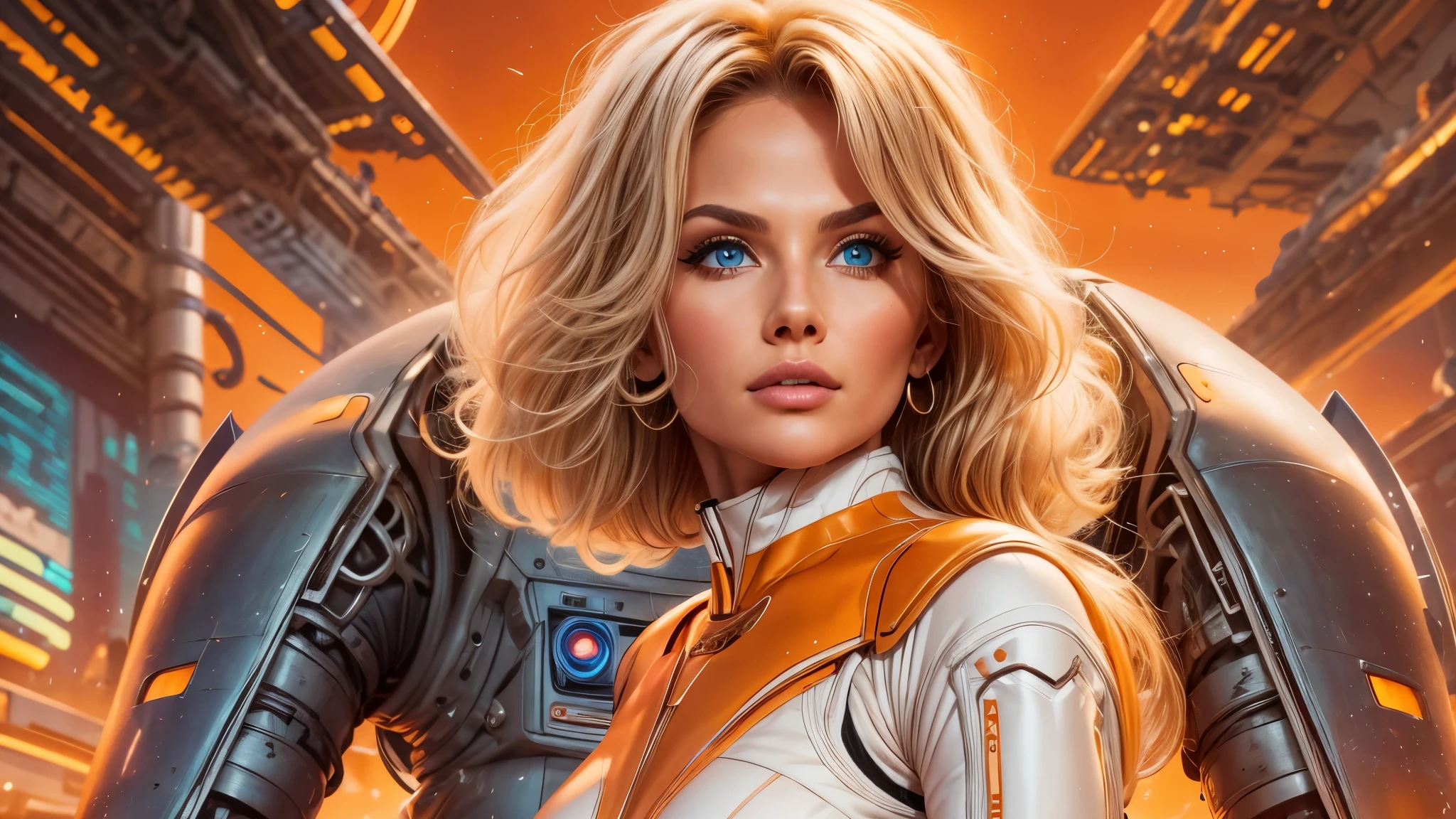arafed image of a white woman in a futuristic suit with a spaceship in the background, movie art, in front of an orange background, inspired by Robert McGinnis, female protagonist, megastructure in the background, portrait of an ai astronaut, astronauts, an astronaut, portrait of a astronaut skeletor, perfect android girl, detailed eyes, perfectly detailed teeth, frank franzzeta and sakimichan  