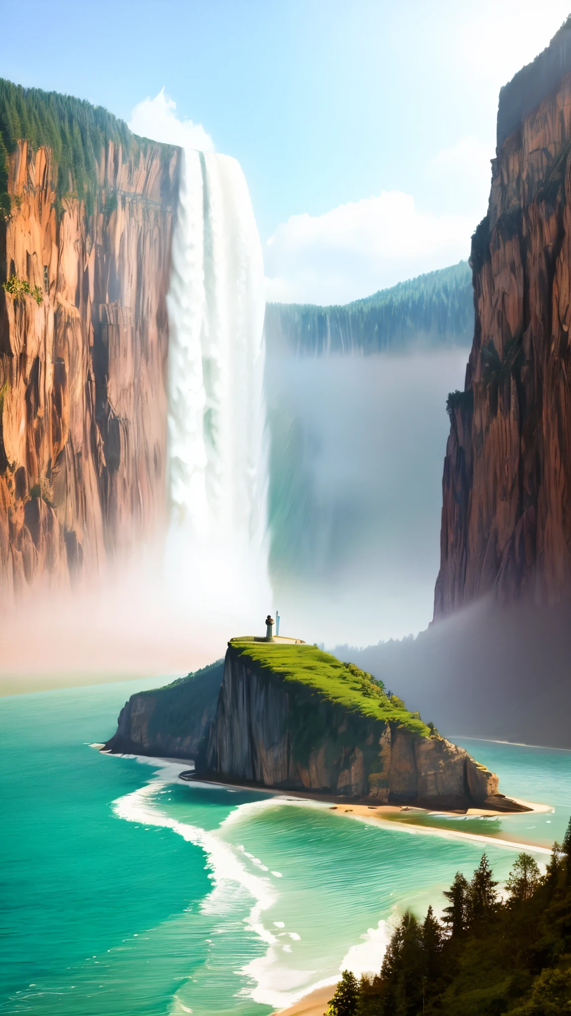 Masterpiece, ultimate quality, Cg unity 8k wallpaper, super delicate, beautiful sky and clouds, rich natural scenery, cliffs, lakes and rivers, waterfalls and flying water, beautiful green mountains, no trace of people, excellent scenery, has already won a photo contest, background Blurring, full depth of field, HDR high dynamics, true restoration, intricate, extreme details, dramatic presentation, perfectly presenting the style of midjourney art.