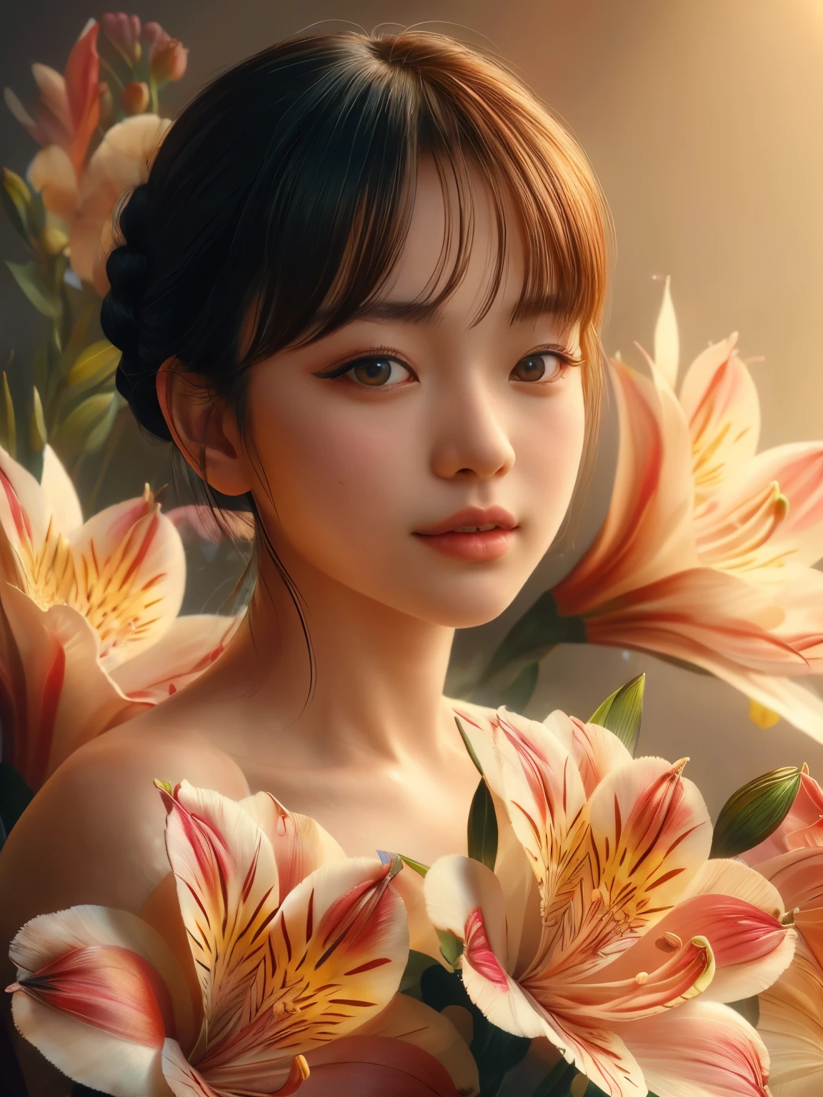 Hyper-realistic portrait of a Japanese girl with Alstroemeria flowers, intricate and detailed composition, close-up, shallow depth of field, soft natural lighting, high resolution, accurate representation, unique, creative, well-lit, clear details, Canon EOS R5, 100mm macro lens, f/2.8, elegant, sophisticated, well-composed, unique pose, warm color tones, delicate