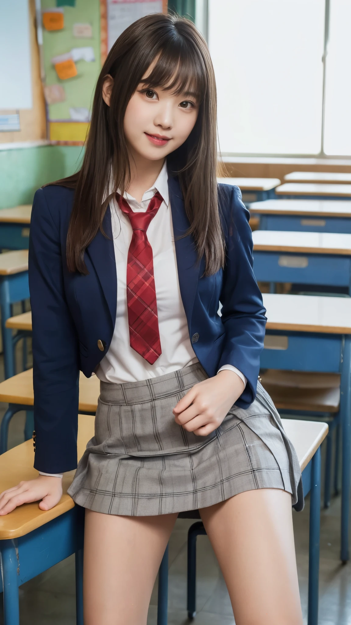 Stand in the classroom of school2Robber Girl,Red tie uniform,Dark Blue Blazer,Blue checked mini skirt,18-year-old,bangs,A small smile,Thighs,knees,From below,Random Pause,pretty girl,Slender girl,