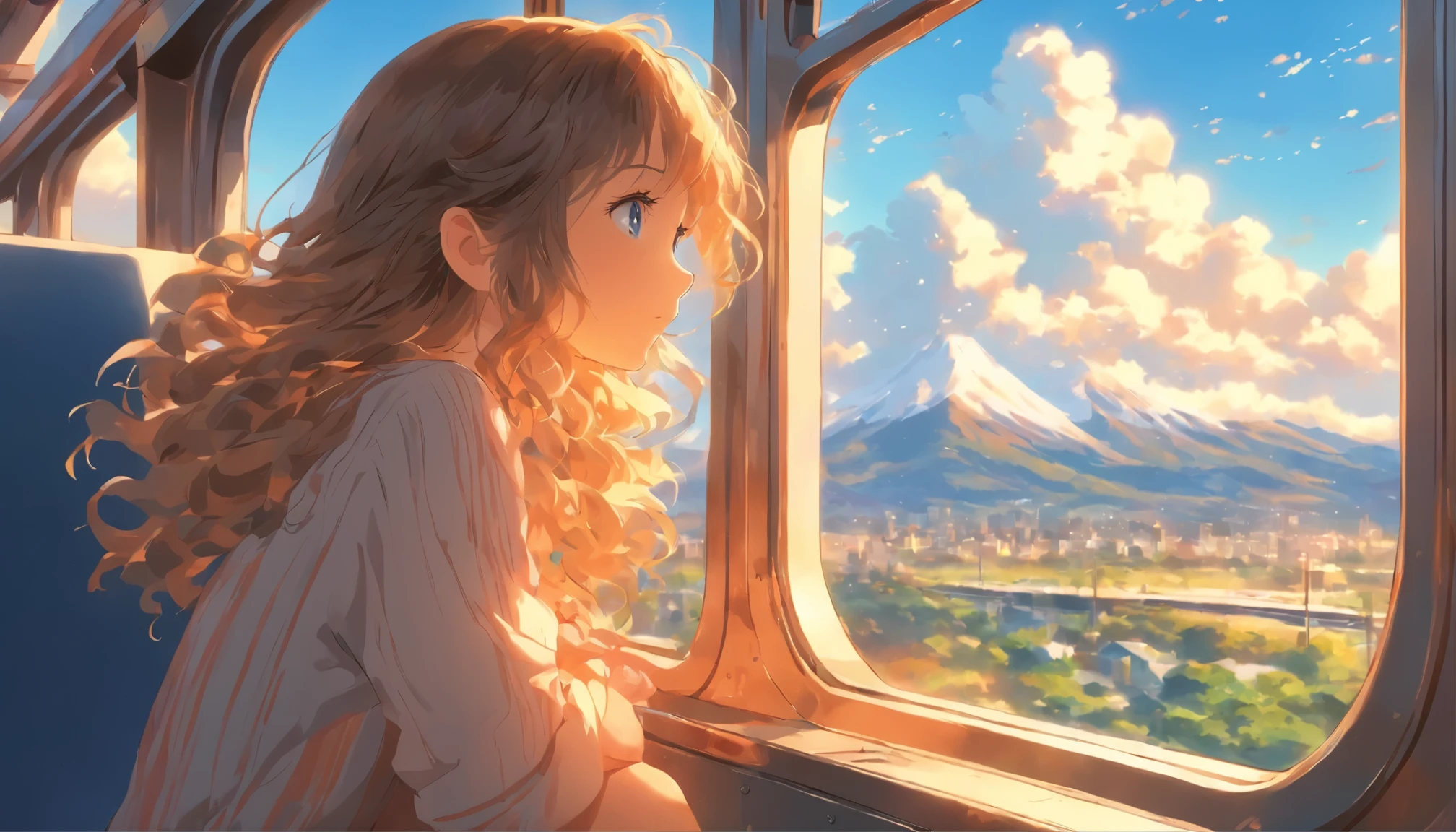 Girl sitting on a train looking out the window、solo、Long Hair、blue sky、Masterpiece、Delicate illustration with super details、