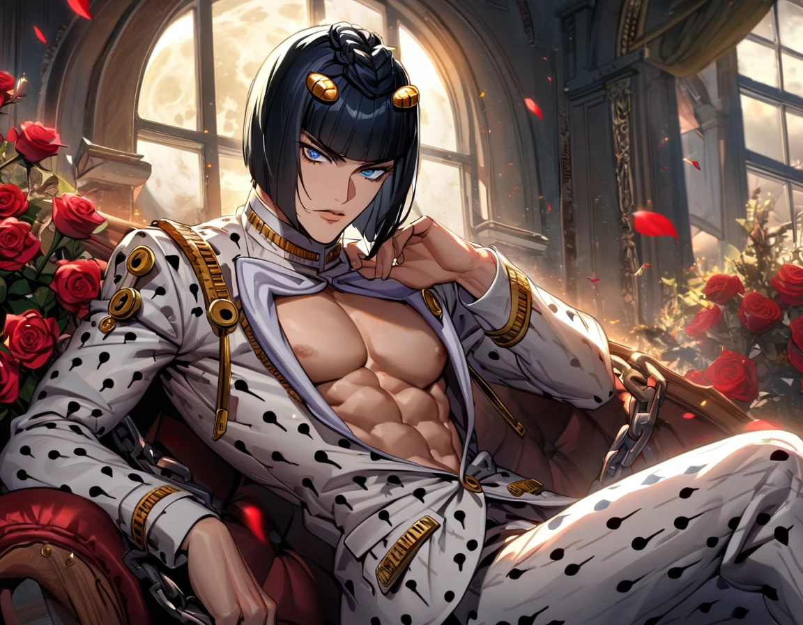 Ultra detailed, highres, absurdres, HDR, Bruno Bucciarati, black chin-length hair with straight-cut bangs, his hair is adorned with golden clip surmounted on each side of his bangs, blue eyes, JoJo bizarre adventure, window, roses and petals, chains, moon, sexy man, solo, extremely handsome, holding a rose, toned chest,