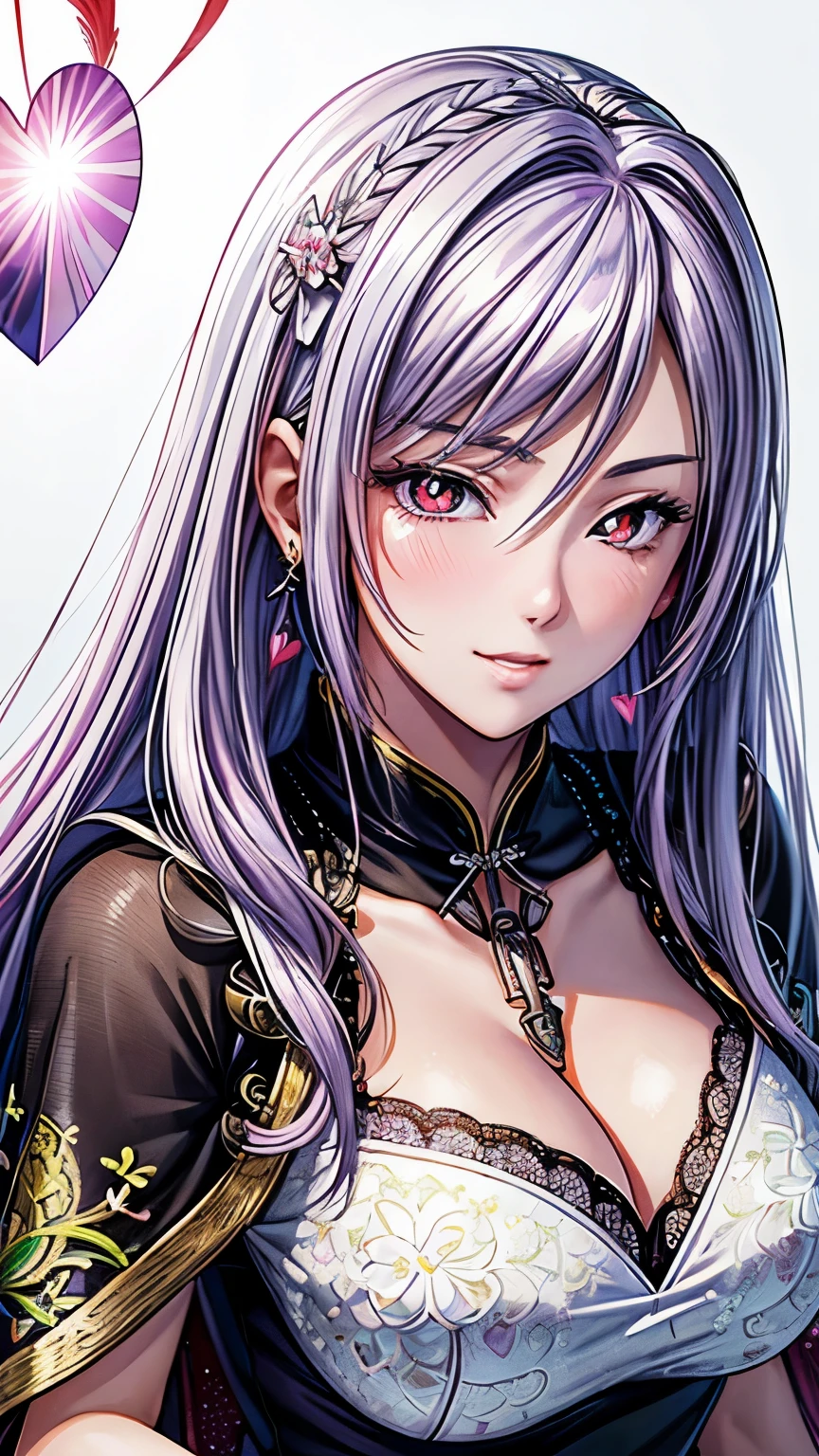red eyes, (highest quality, masterpiece painting:1.3), immature woman, , (half body shot), masterpiece, ultra high resolution, (Photoreal:1.0), ((light purple hair)),straight hair, beautiful shining hair, white and shining skin, one eye closed,(((heart shaped pupils))), ((Ultra realistic details)), octane rendering, highly detailed face, (big breasts:0.8), (make a heart with hands), (((Wearing Fluorescent fabric:harem outfit,Suzhou embroidery technique:Lace sequin cloak woven from feathers))), Fabric Glows, open neckline, cleavage, perfect body, soft skin, White cherry blossom embroidery pattern, silver earrings, (pure white background:1.4), sharp focus, intricate details, professional artwork, (bright colors:1.1), bright colors, diffused lighting, digital blending, ultra-definition body, ultra detail hair, super detailed face, that'It's trending on pixiv, top button open, Cute gaze, compensate, perfect lips, perfect compensate, Ultra-precision coating, (light_smile:0.8), (smugness:1.2),blush your nose,