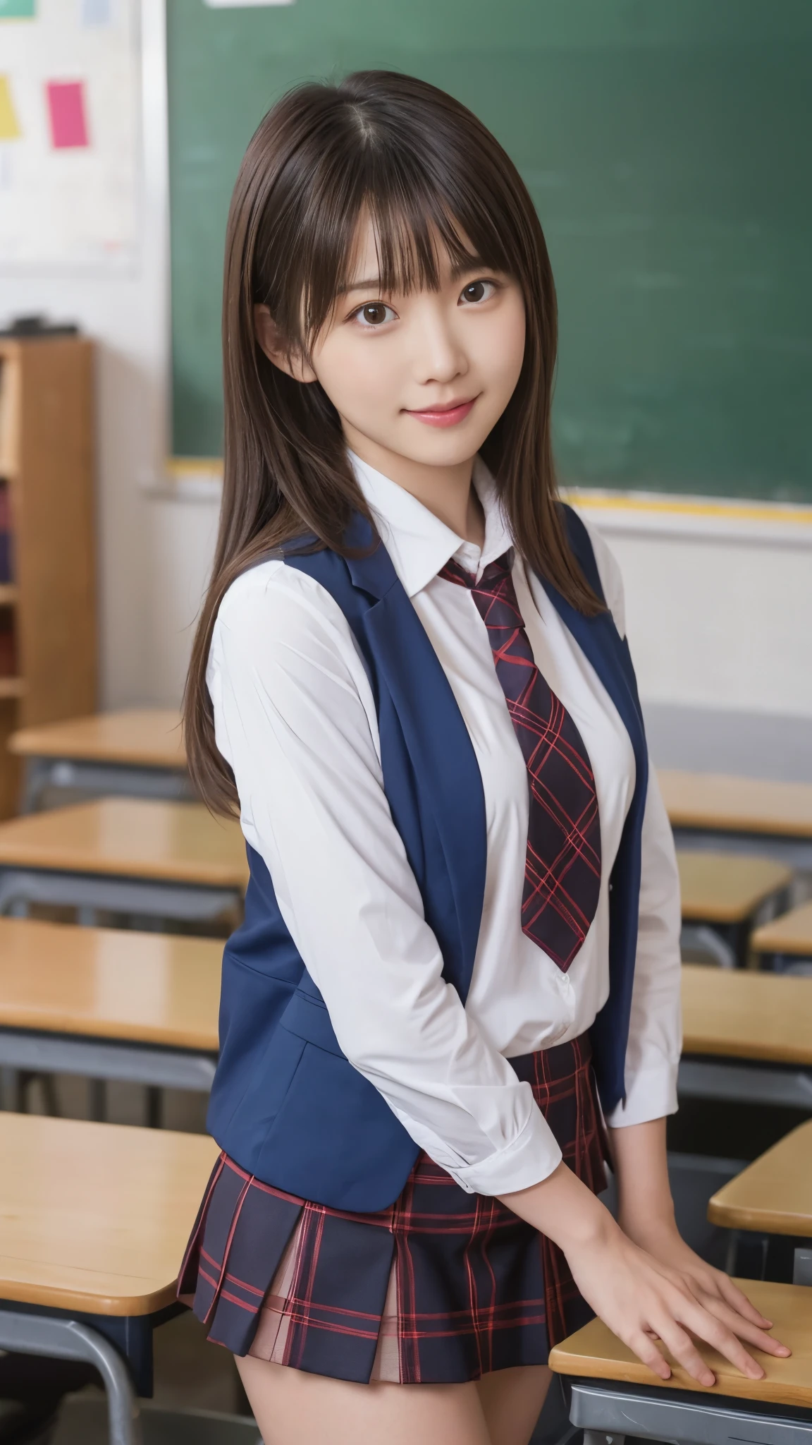 Stand in the classroom of school2Robber Girl,Red tie uniform,Dark Blue Blazer,Blue checked mini skirt,18-year-old,bangs,A small smile,Thighs,knees,From below,Random Pause,pretty girl,Slender girl,