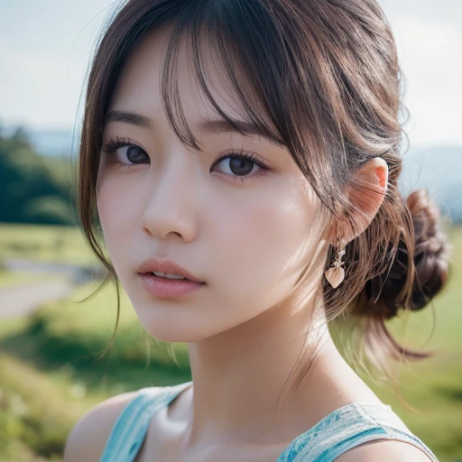 (highest quality, Realistic photos, Raw photo, 8k), (((A beautiful Japanese girl who will charm you,))) ((She is very attractive、In the middle of a beautiful landscape, I send my best love to you., You will be captivated by the sight of her looking up and gazing at you with her whole body expressing her emotions.,)) (A tiny existence in a vast world、The moment I try my best to move your heart)