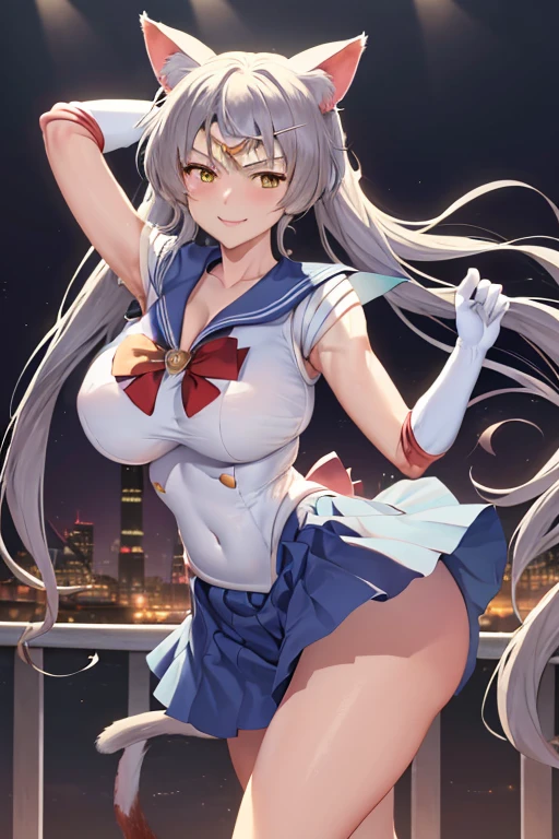 masterpiece, best quality, beautiful art, high resolution, well formed hands, body and fingers, 1 woman, solo, BlackHanekawa , adult, big ed, cleaval body, wearing a Sailor Moon outfit, cat ears and cat tail, gorgeous legs and thighs, sexy sailor sei uniform, sailor collar, blue skirt, pigtails, elbow gloves, ,skirt lifted by the wind, white leotard peeking, dancing seductively and erotically, smiliully, looking at the viewer, flirting, school environment 