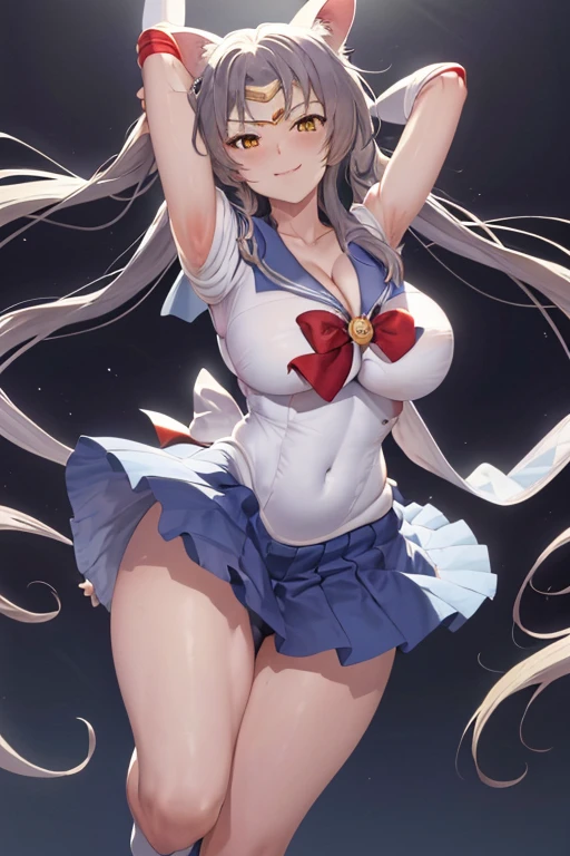 masterpiece, best quality, beautiful art, high resolution, well formed hands, body and fingers, 1 woman, solo, BlackHanekawa , adult, big breasted, cleavage , full body, wearing a Sailor Moon outfit, cat ears and cat tail, gorgeous legs and thighs, sexy sailor senshi uniform, sailor collar, blue skirt, pigtails, elbow gloves, ,skirt lifted by the wind, white leotard peeking, dancing seductively and erotically, smiling joyfully, looking at the viewer, flirting, school environment 