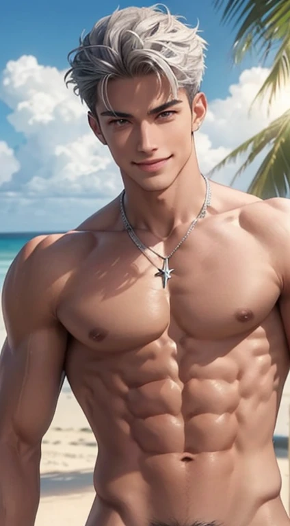 1 boy,Handsome，tall and strong,perfect male figure, eyes looking at camera, ripped abs toned body,,shirtless .nude and naked. ((tanned skin)), nude, beach，silver hair,serious expression,necklace,Ray tracing. Smiling 