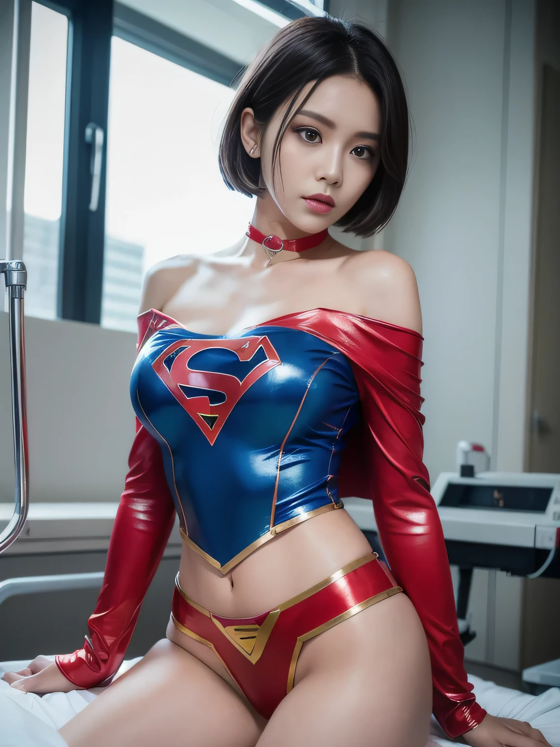 masterpiece、Enamel Supergirl Costume、Short Hair、Hospital operating table、Crisis situation、Big and ample breasts、looking at the camera、Shiny、Off the shoulder、choker、Long sleeve、Red exy poses to seduce、Sweaty、Model Body Type、Alluring、charm、Enchanting、abused、victim、Wild、