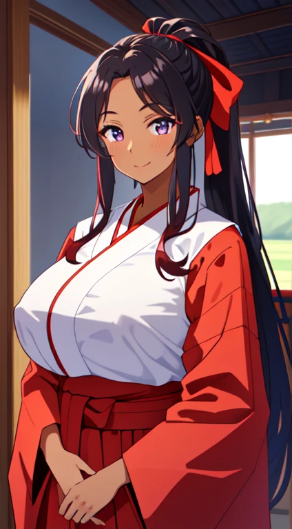 masterpiece, best quality, anime Illustration, 4k, 1 girl, solo, standing, long hair, black hair, violet eyes, high ponytail, red hair ribbon, red ribbon, red hakama and white kimono, thin fabric, nipples, erect nipples, big breasts, huge breasts, looking_at_viewer, motherly smile, upper_body, dark skin, ((Village background:1.0)), ((dark skin: 1.5)), , ((parted bangs: 1.4)),  parted bangs, large forehead, purple eyes, red hakama