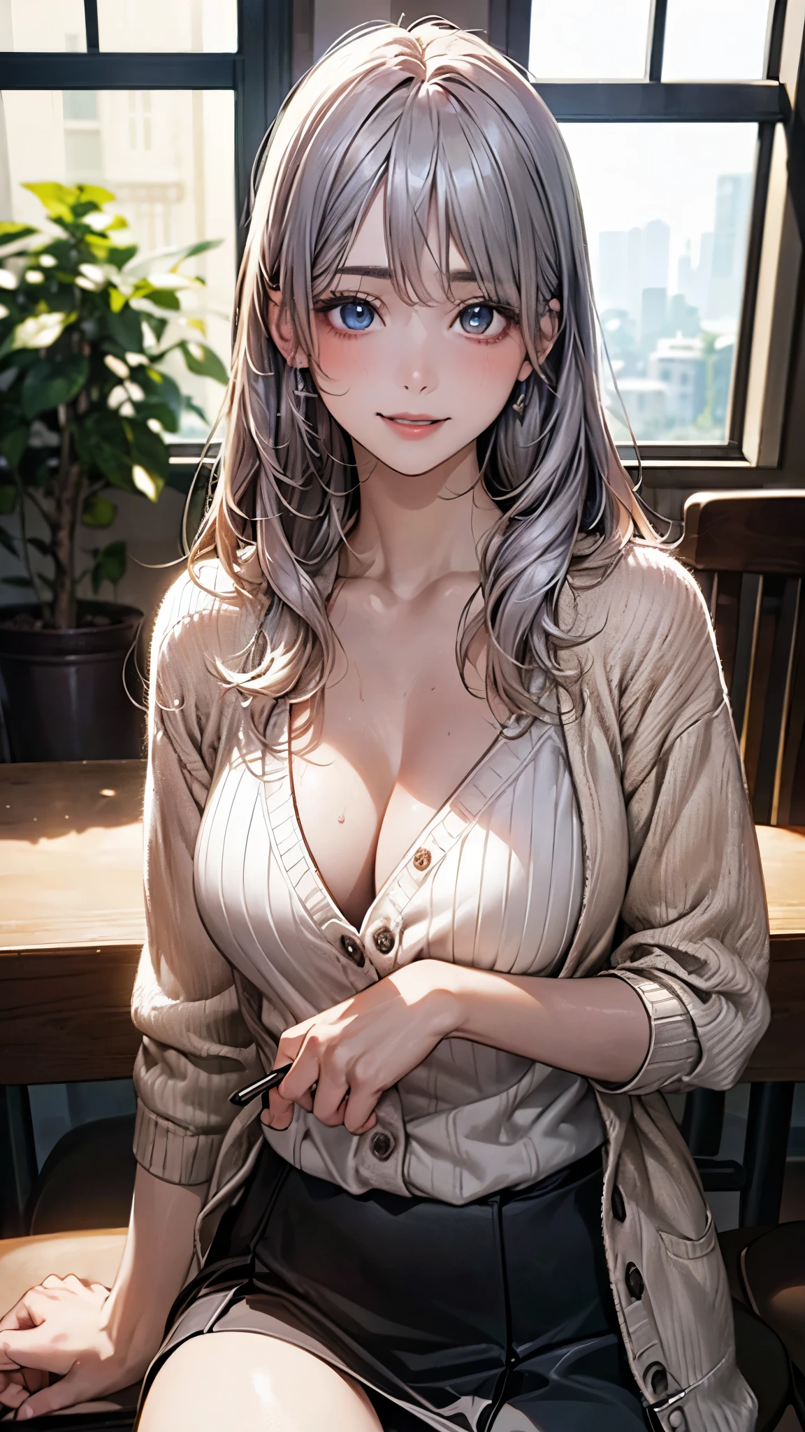 (masterpiece:1.2, top-quality), (realistic, photorealistic:1.4), beautiful illustration, (natural side lighting, movie lighting), nsfw, 
looking at viewer, (face focus, upper body), cowboy shot, 1 girl, japanese, high school girl, perfect face, (perfect anatomy:1.4), cute and symmetrical face, white skin, shiny skin, 
(long hair:1.2, straight hair:1.2, silver hair), bangs, blue eyes, big eyes, long eye lasher, (large breasts), slender, 
beautiful hair, beautiful face, beautiful detailed eyes, beautiful clavicle, beautiful body, beautiful chest, beautiful thigh, beautiful legs, beautiful hands, 
(detailed cloth texture, open cardigan, beige long cardigan, dark brown duffel coat, white knit sweater, black tight skirt), 
(beautiful scenery), winter, evening, (dining room, dinner is lined up on the dining table, window), sitting chair, (lovely smile, upper eyes, parted lips), 