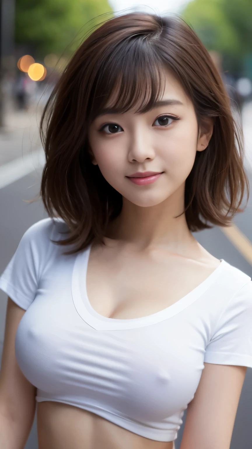 Tabletop, highest quality, figure, Very detailed, In detail, High resolution, 8k wallpaper, Perfect dynamic composition, Beautiful fine details, Short sleeve T-shirt、Casual wear,Medium Hair,Huge breasts, Natural color lip, Bold sexy pose,smile,Harajuku、18-year-old female、cute、sexy shot looking at camera,rift,Close-up face,