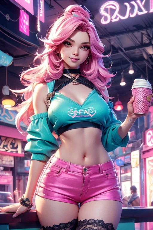Background, In chic boho style, in a café, Ice cream print, multi-colored neon lights, neon garlands, Pink lavender mint hair, mixed-language_SMS, Japanese graffiti, (beautiful and clear background:1.2),, fantastic paintings ,graffit style, olhos altamente detalhados , Underwear, lace, latex, blonde girl, Cat Print, tattoo, Loving, Love, ultra detailed hair, Masterpiece, Best Quality, hig quality, high-resolution, detail enhancement, ((most beautiful image in the world)), Masterpiece, Best Quality, hig quality, high-resolution, detail enhancement, ((most beautiful image ), Shiny pink degrade hair, ultra short fitted Stampa Flores, Rollers, tights in a mesh, Short denim shorts, art by stjepan sejic, art by j scott campbell, art by guillem march, art by citemer liu, 4k, high-resolution, comic book character, comic, high quality detailed, style of ::2.0 comix illustration style,tatoon style, hig quality, high-resolution, detail enhancement, 8K, HD, Best Quality, hig quality, high-resolution, detail enhancement, 8K, HDR, Sharp focus, Ultra Detailed, Perfect lighting, Curvy Body, Lush breasts, Curvy hips