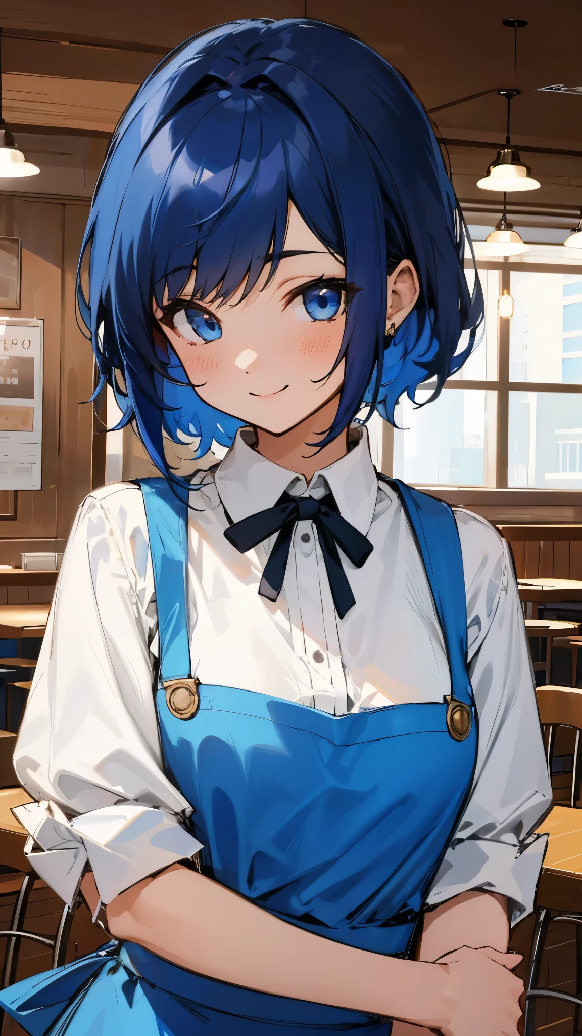 1 Girl、Dark blue hair、blue eyes、smile、White blouse、Blue Skirt、Upper body close-up、Apron appearance、((indoor、morning、Cafe))、Sharp contours、Detailed background