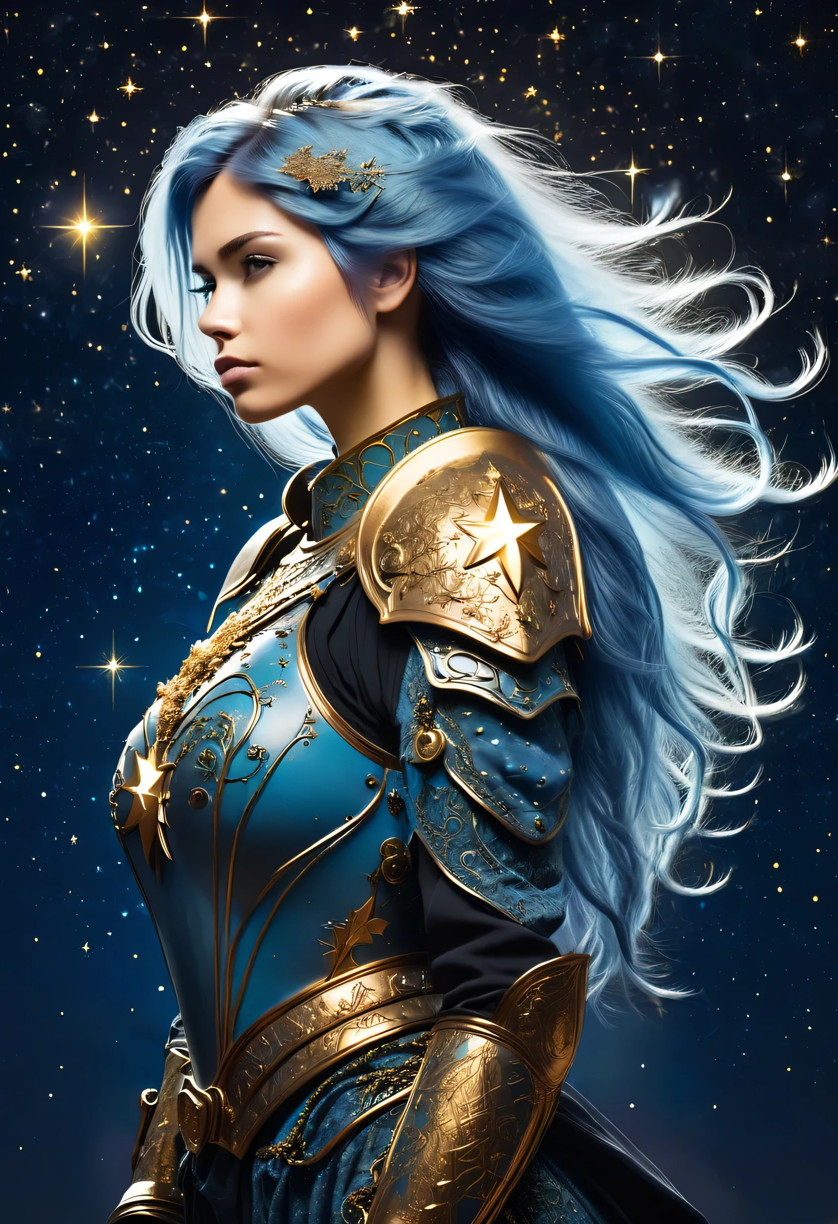 a stylized young caucasian woman warrior ((silhouette)) formed by bright stars. with straight long light blue messy hair. Straight hair. medieval golden ornate armor. Cosmic background.