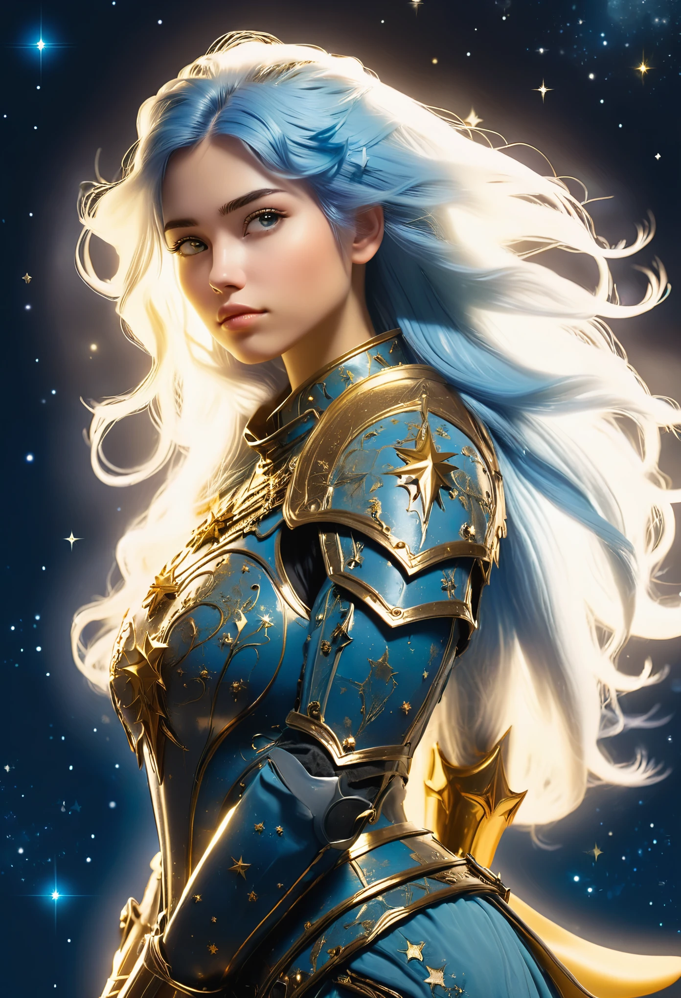 a stylized young caucasian woman warrior ((silhouette)) formed by bright stars. with straight long light blue messy hair. Straight hair. medieval golden ornate armor. Cosmic background.