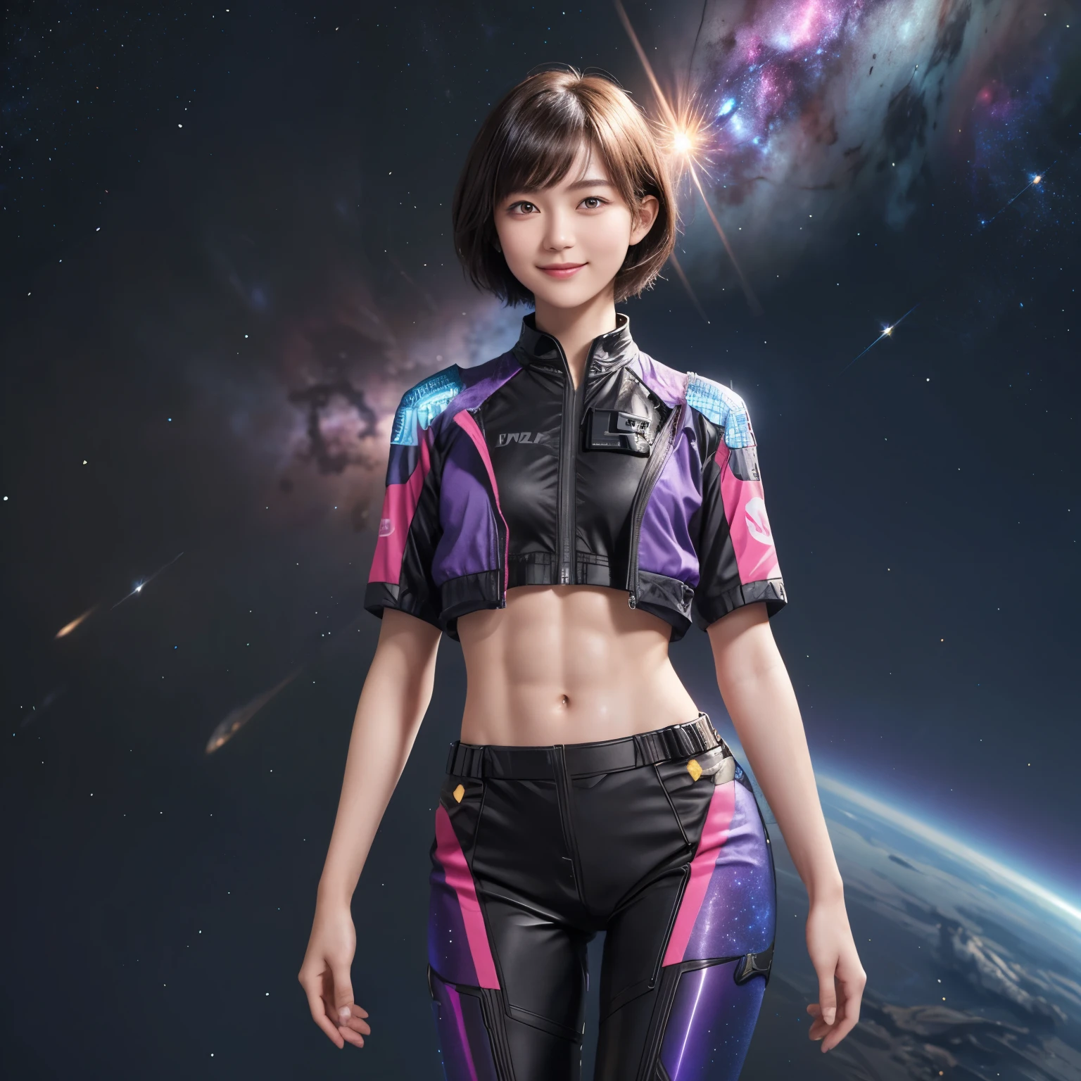 214 Short Hair, 20-year-old woman, A kind smile, Floral, Futuristic clothing, machinery suit, ((Clothes that show abs、Clothes with short sleeves)), (The background is a galaxy and nebula)